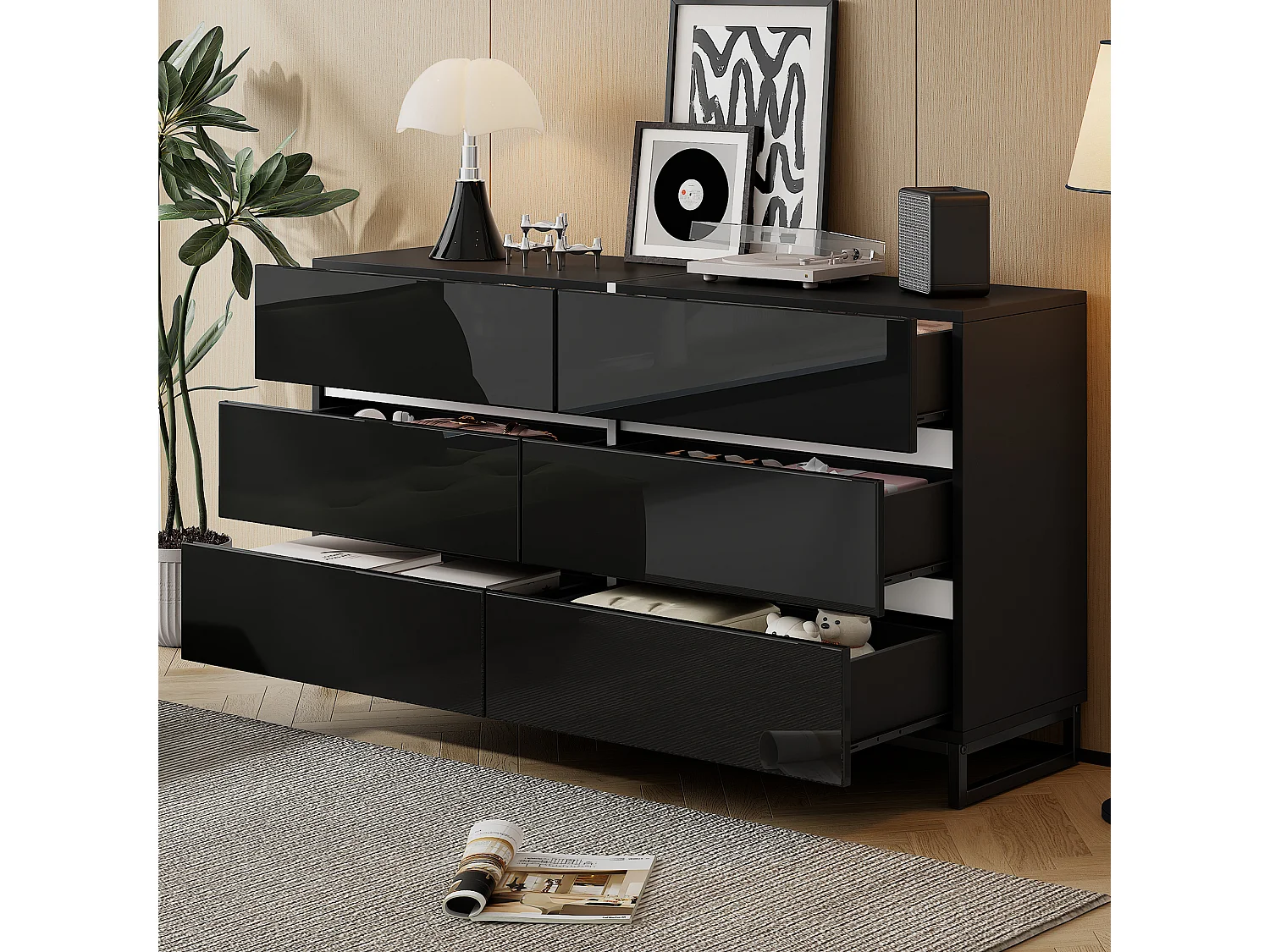 Buffet de salon avec 6 tiroirs - 140 x 39.5 x 78.5 cm - commode pour chambre et salon - aggloméré - noir