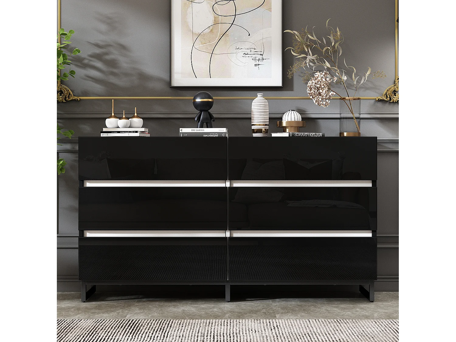Buffet de salon avec 6 tiroirs - 140 x 39.5 x 78.5 cm - commode pour chambre et salon - aggloméré - noir