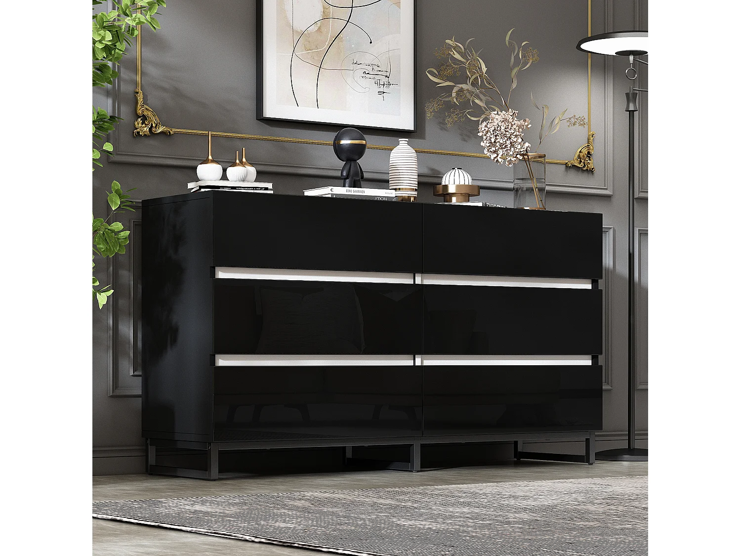 Buffet de salon avec 6 tiroirs - 140 x 39.5 x 78.5 cm - commode pour chambre et salon - aggloméré - noir