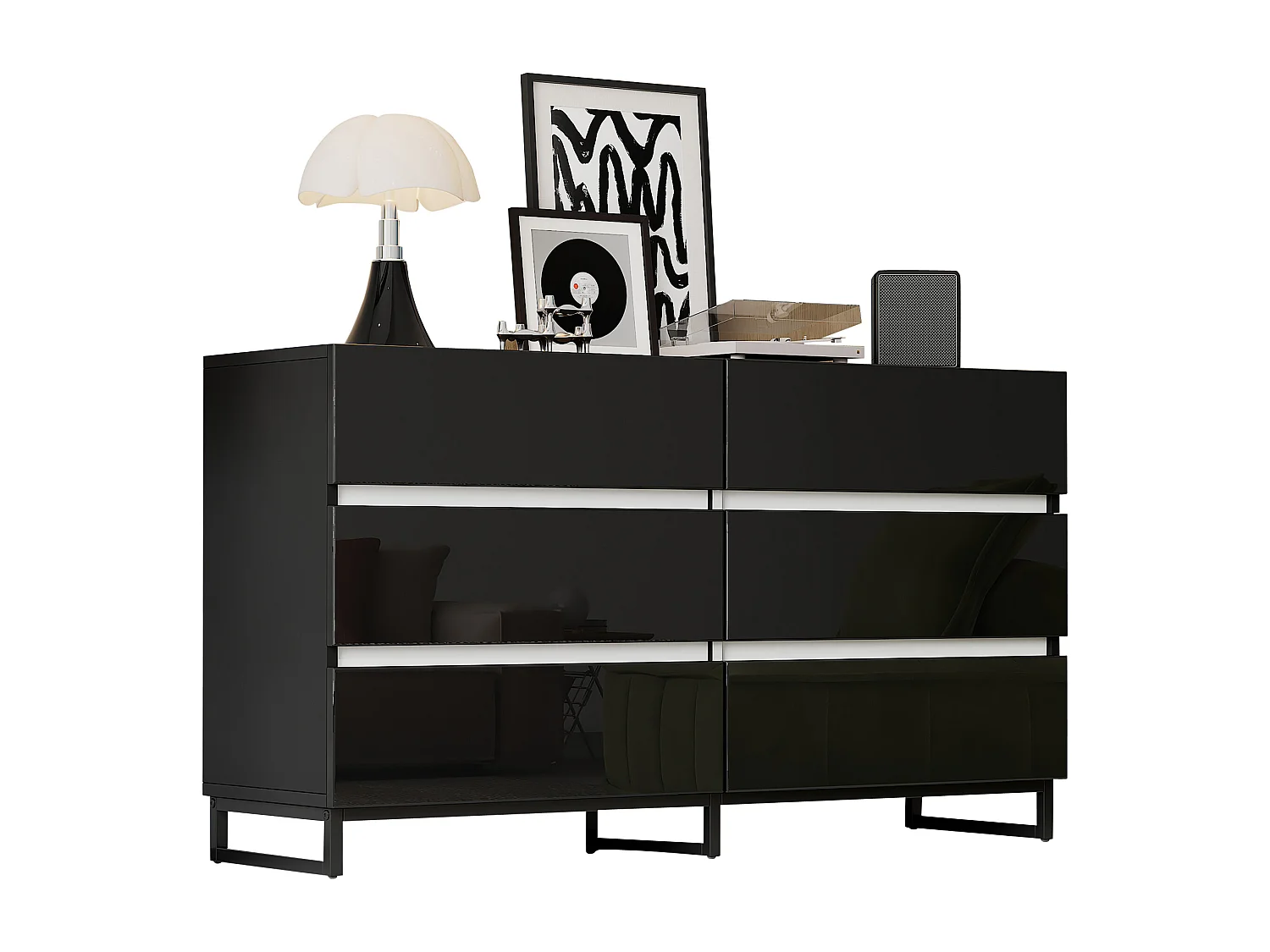 Buffet de salon avec 6 tiroirs - 140 x 39.5 x 78.5 cm - commode pour chambre et salon - aggloméré - noir