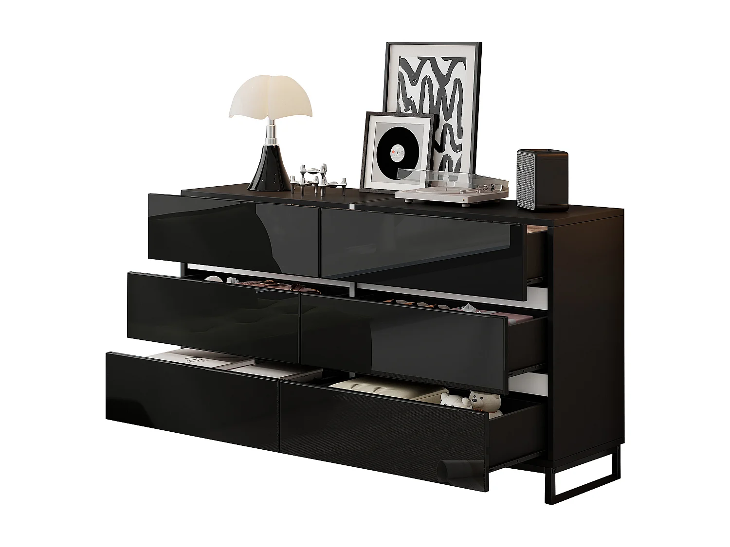 Buffet de salon avec 6 tiroirs - 140 x 39.5 x 78.5 cm - commode pour chambre et salon - aggloméré - noir