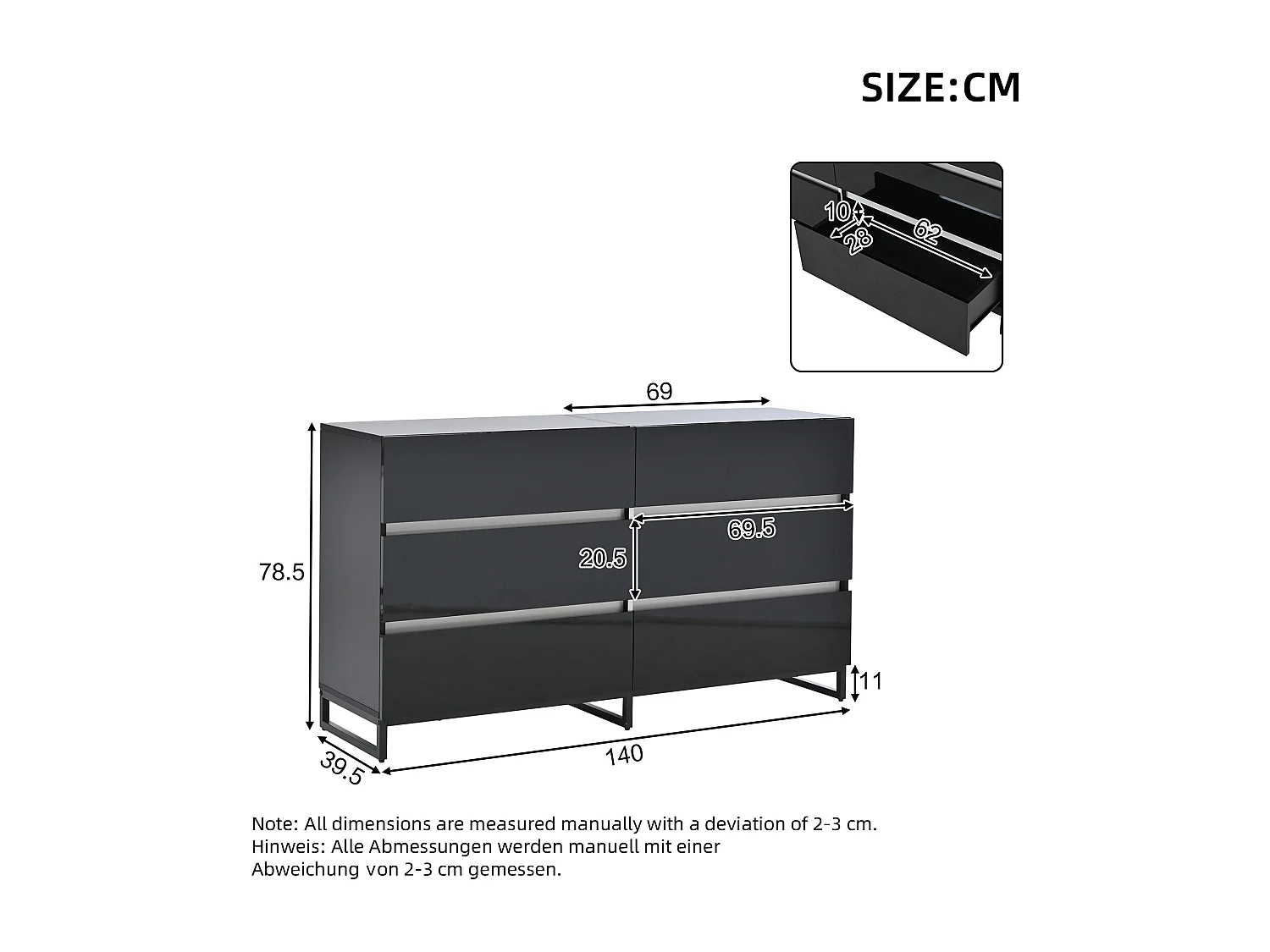 Buffet de salon avec 6 tiroirs - 140 x 39.5 x 78.5 cm - commode pour chambre et salon - aggloméré - noir
