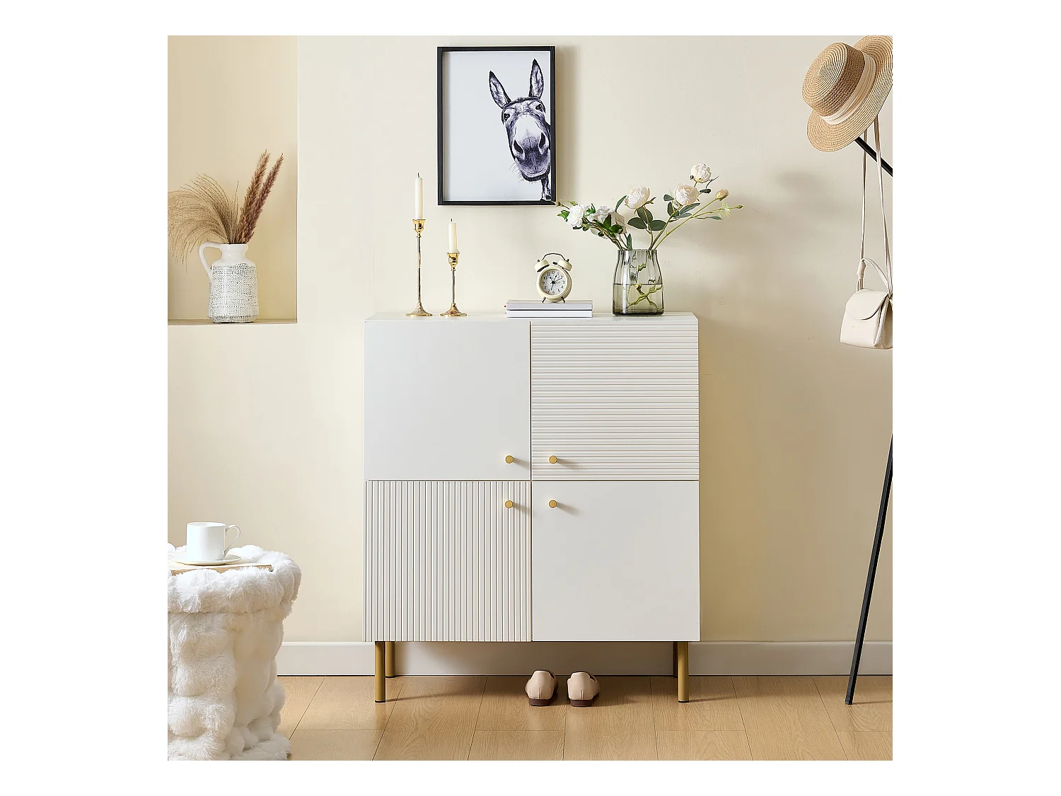 Buffet moderne avec pieds en acier - 80 x 36 x 90 cm - avec 4 portes pour salon - MDF - blanc