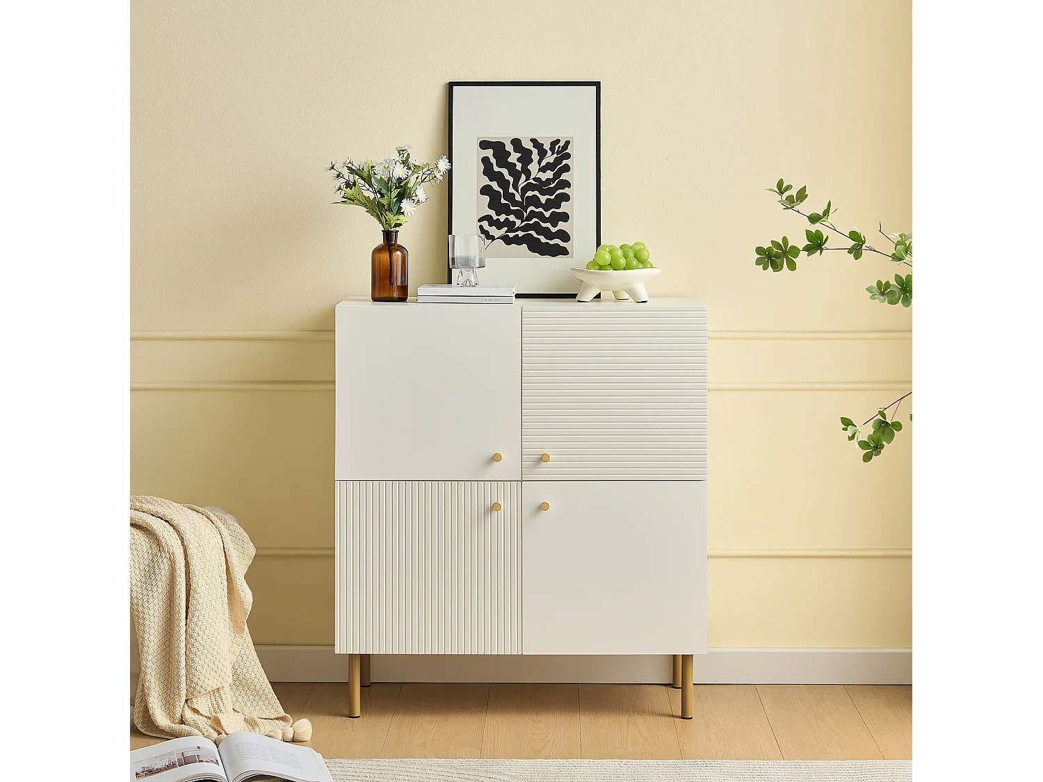 Buffet moderne avec pieds en acier - 80 x 36 x 90 cm - avec 4 portes pour salon - MDF - blanc