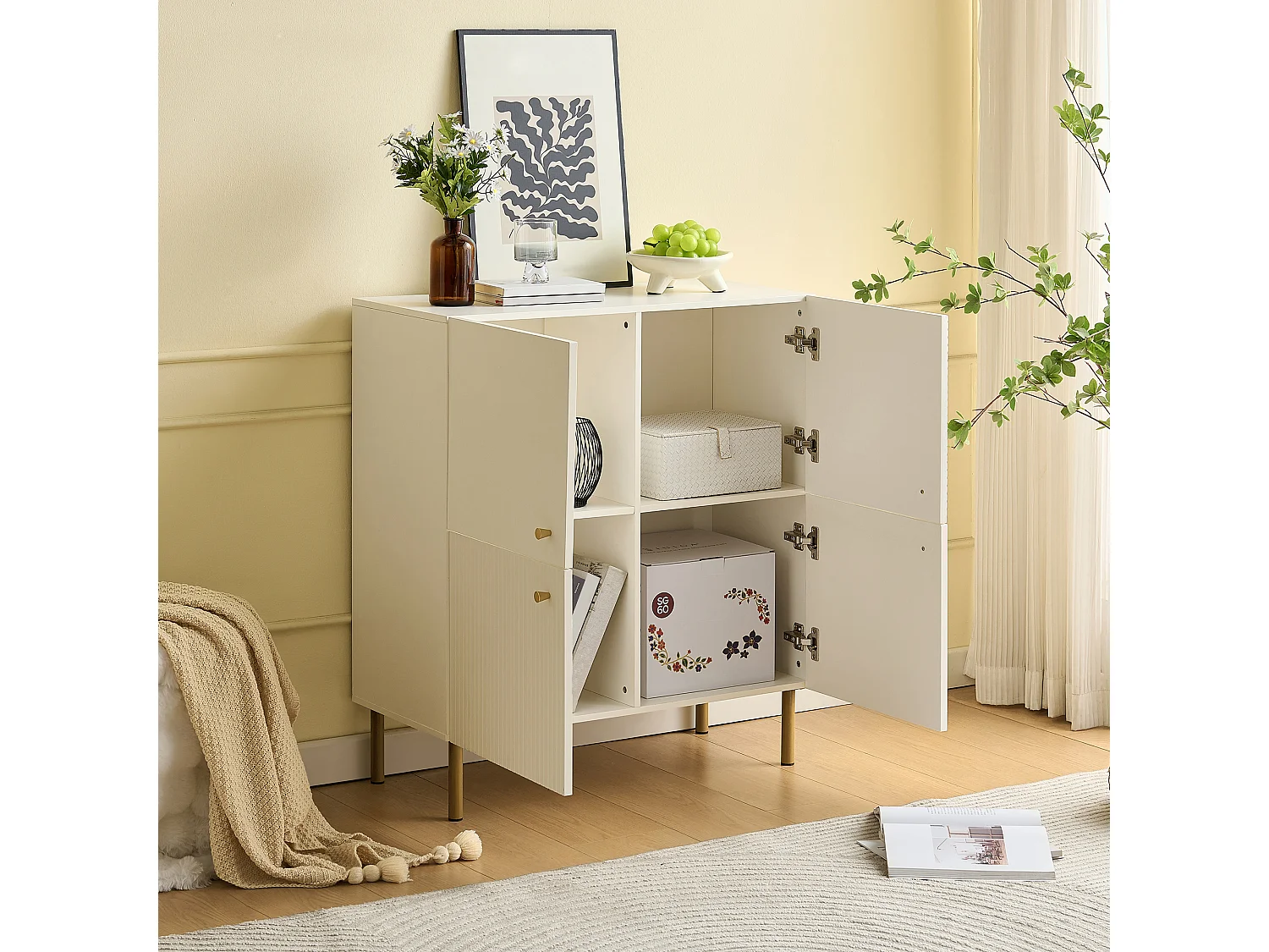 Buffet moderne avec pieds en acier - 80 x 36 x 90 cm - avec 4 portes pour salon - MDF - blanc
