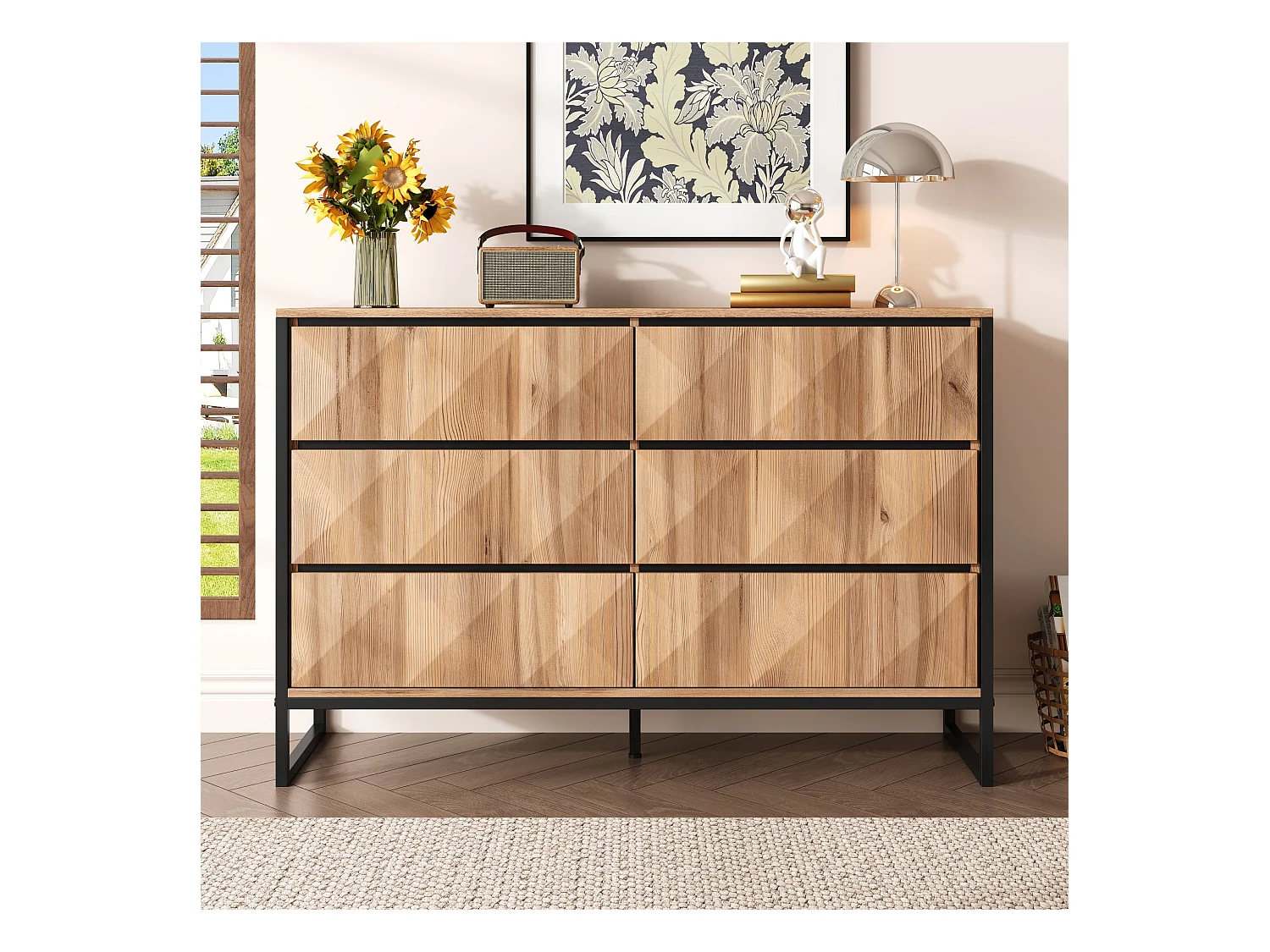 Buffet/commode à 6 tiroirs - 120 x 40 x 80 cm - pieds en métal et portes surélevées - aggloméré - naturel