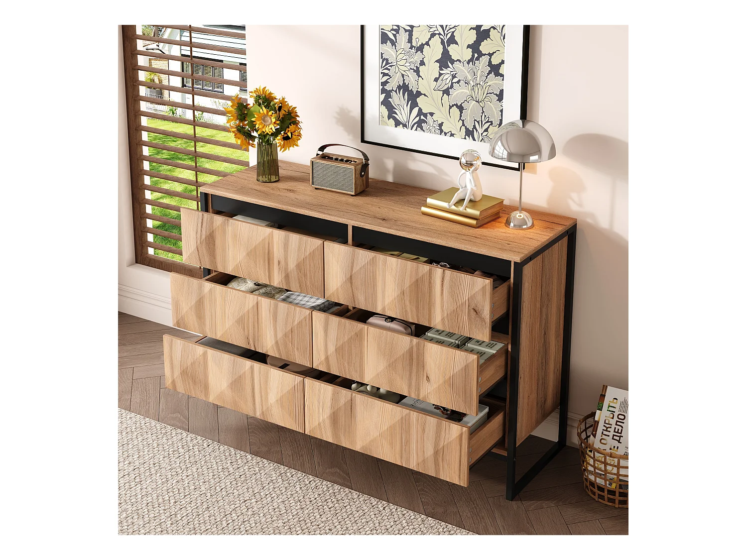 Buffet/commode à 6 tiroirs - 120 x 40 x 80 cm - pieds en métal et portes surélevées - aggloméré - naturel