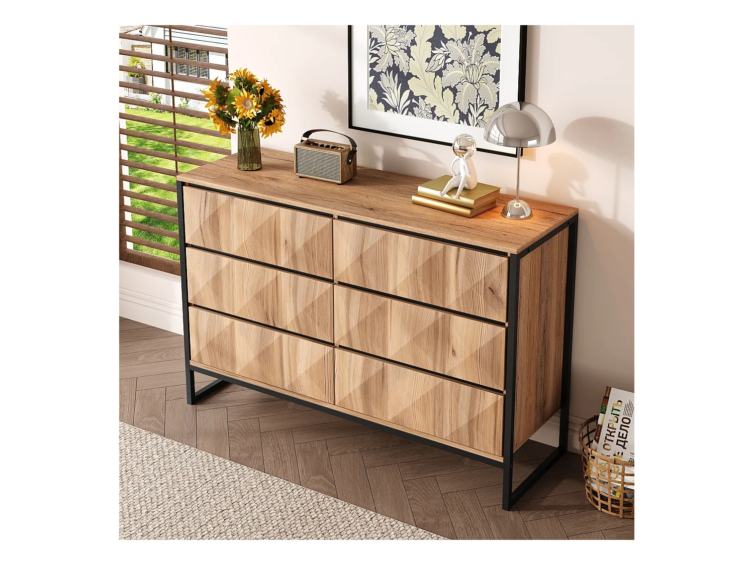 Buffet/commode à 6 tiroirs - 120 x 40 x 80 cm - pieds en métal et portes surélevées - aggloméré - naturel