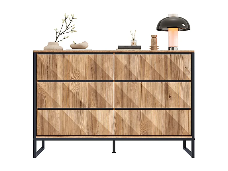 Buffet/commode à 6 tiroirs - 120 x 40 x 80 cm - pieds en métal et portes surélevées - aggloméré - naturel