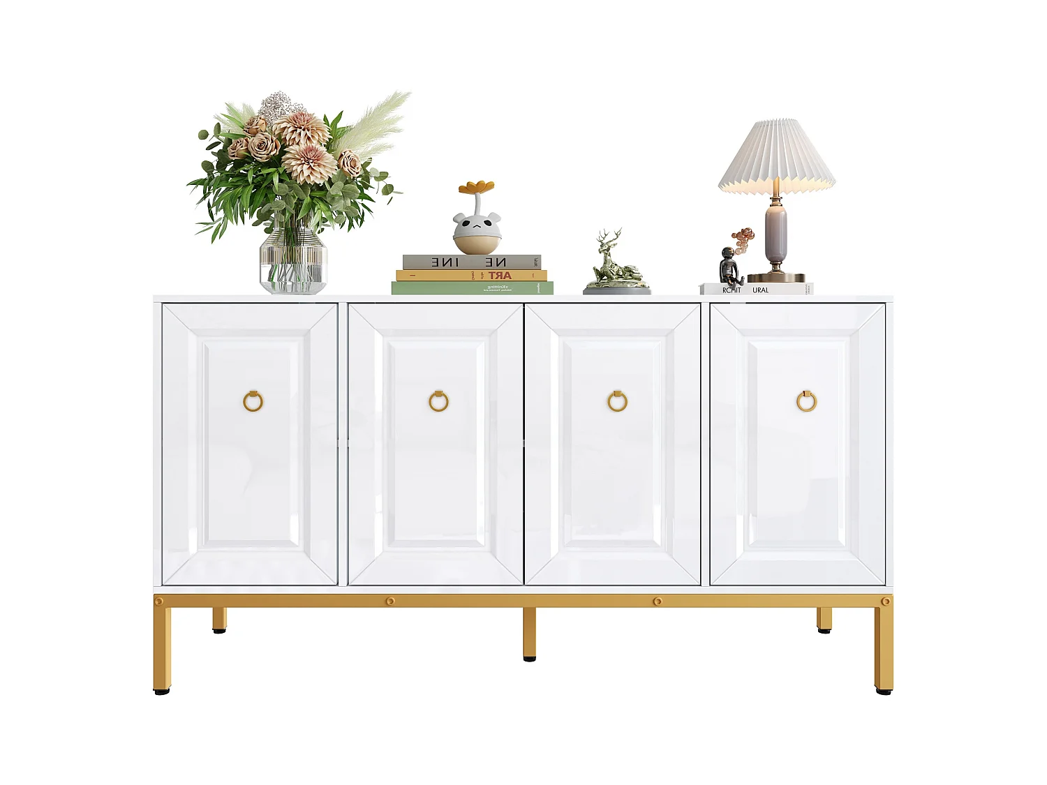 Buffet/meuble de rangement brillant avec 4 portes - 140 x 40 x 80 cm - pieds dorés - MDF + aggloméré - blanc