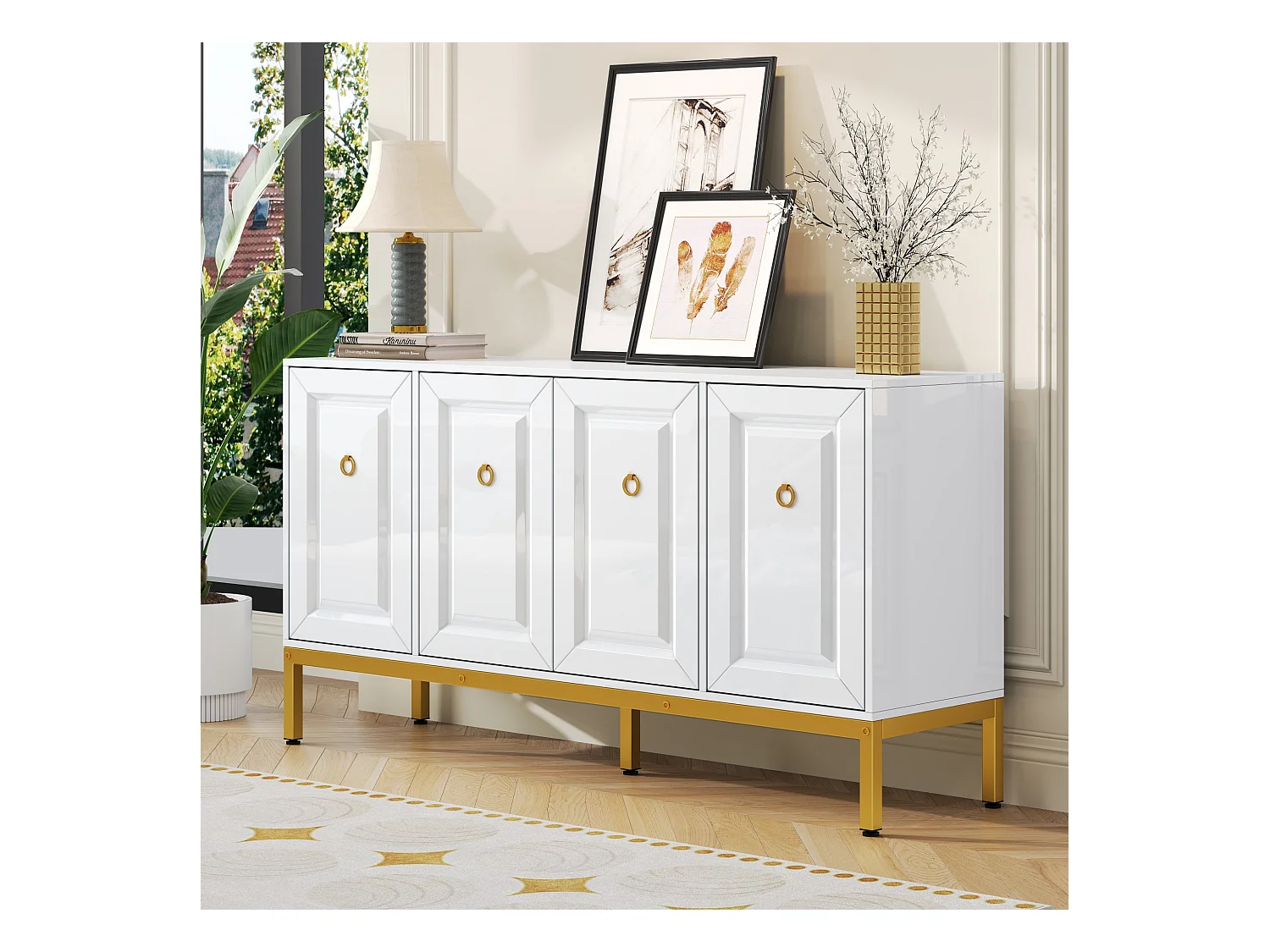 Buffet/meuble de rangement brillant avec 4 portes - 140 x 40 x 80 cm - pieds dorés - MDF + aggloméré - blanc