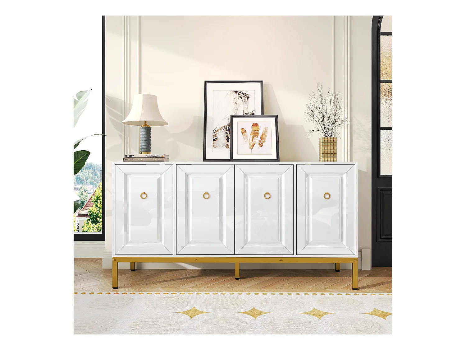 Buffet/meuble de rangement brillant avec 4 portes - 140 x 40 x 80 cm - pieds dorés - MDF + aggloméré - blanc
