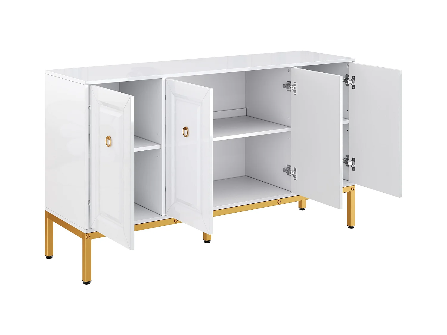 Buffet/meuble de rangement brillant avec 4 portes - 140 x 40 x 80 cm - pieds dorés - MDF + aggloméré - blanc