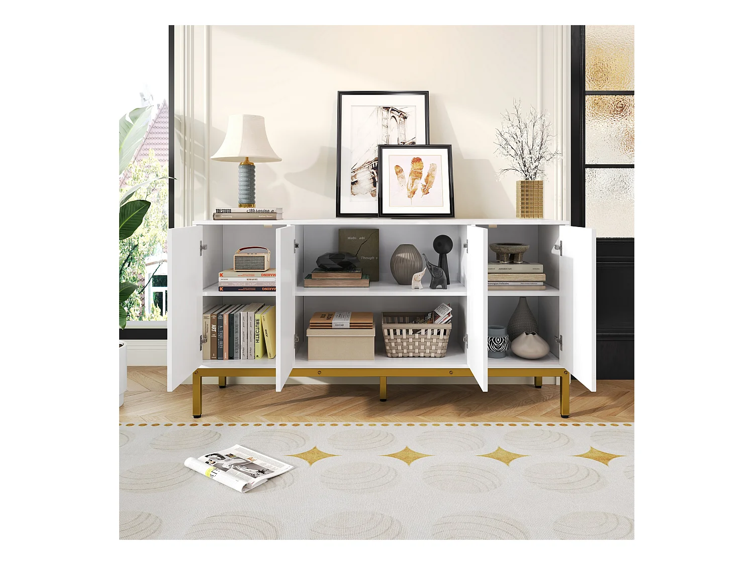 Buffet/meuble de rangement brillant avec 4 portes - 140 x 40 x 80 cm - pieds dorés - MDF + aggloméré - blanc