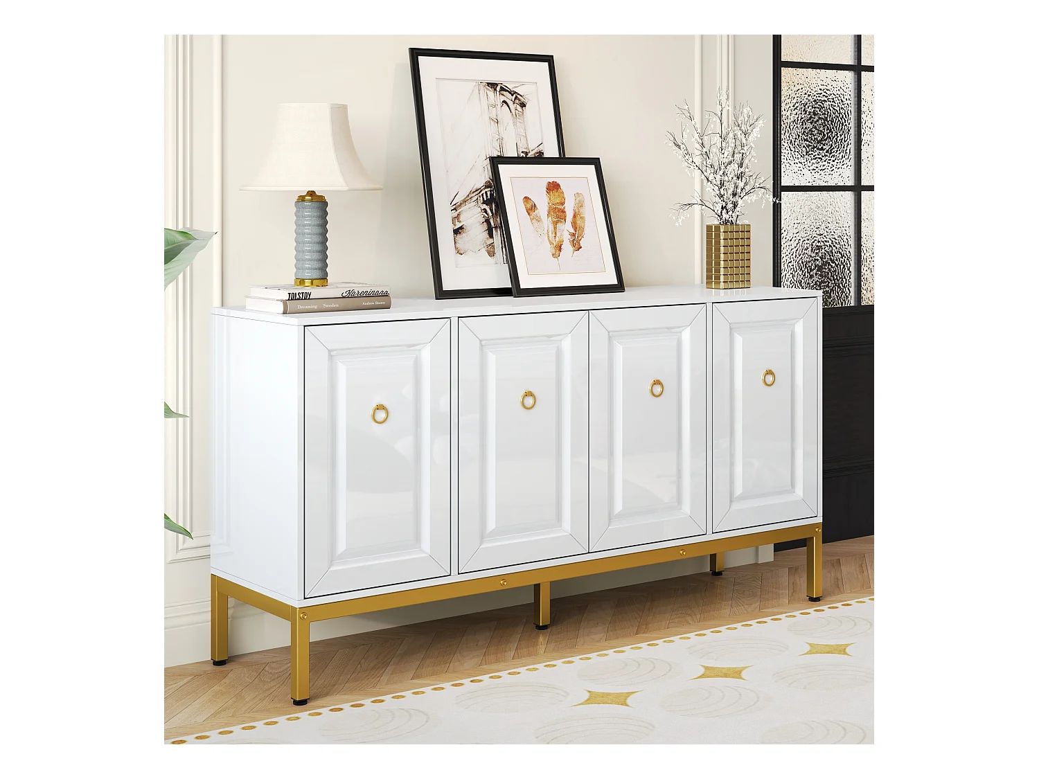 Buffet/meuble de rangement brillant avec 4 portes - 140 x 40 x 80 cm - pieds dorés - MDF + aggloméré - blanc