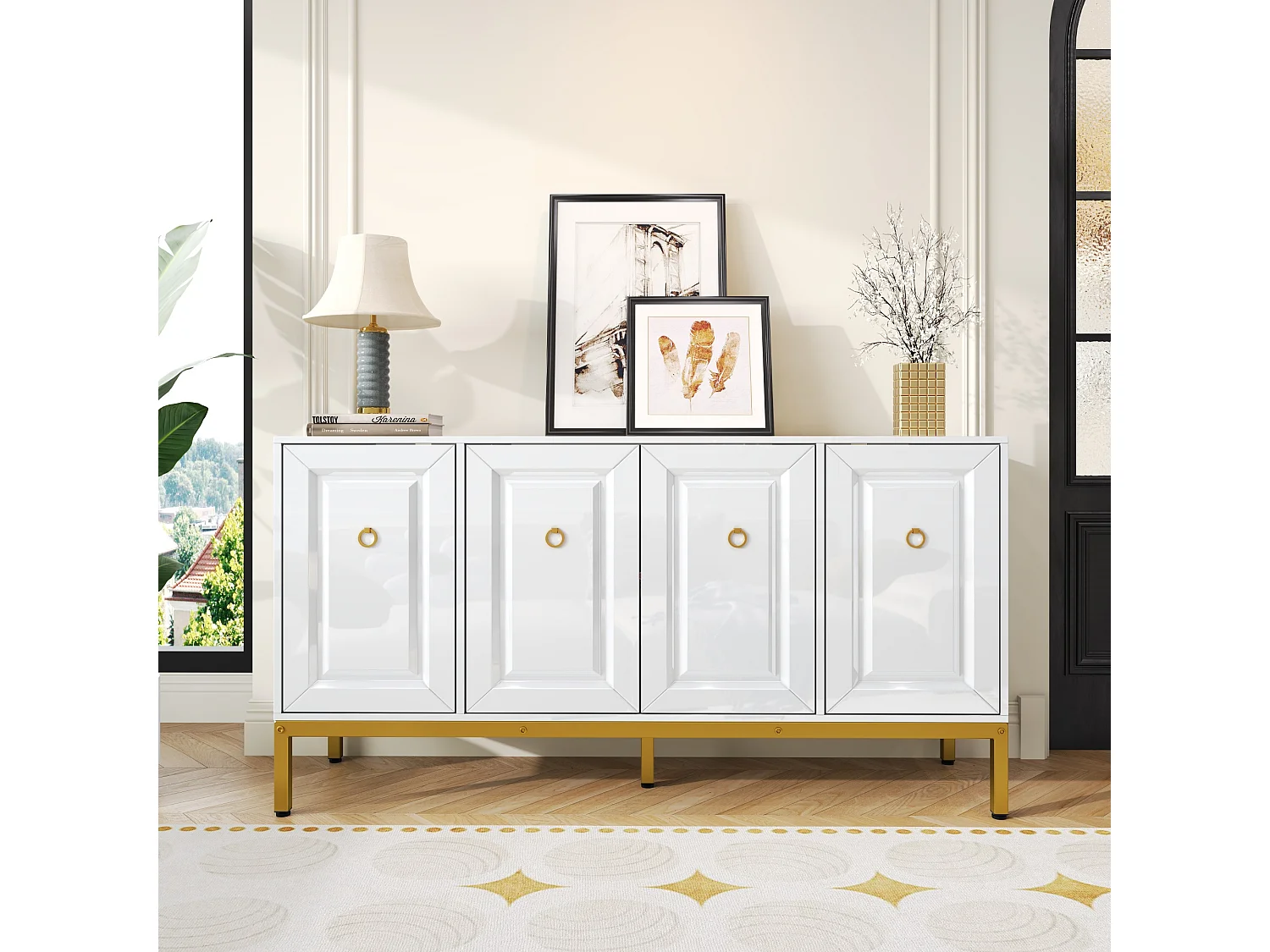 Buffet/meuble de rangement brillant avec 4 portes - 140 x 40 x 80 cm - pieds dorés - MDF + aggloméré - blanc