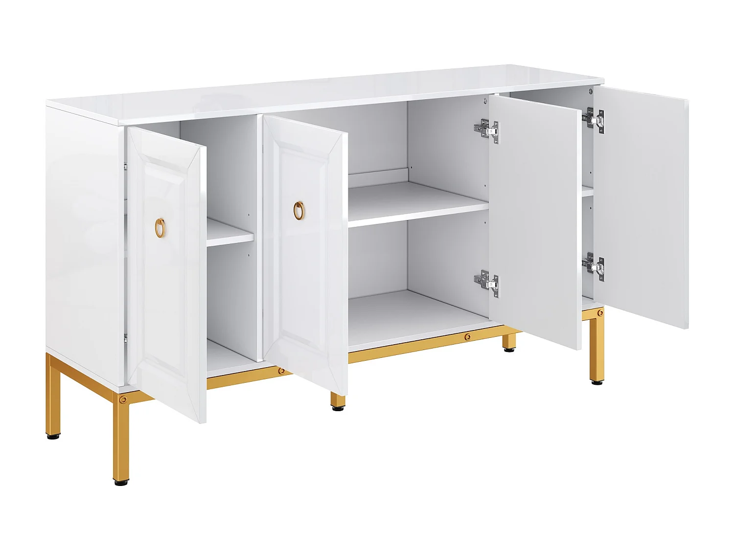 Buffet/meuble de rangement brillant avec 4 portes - 140 x 40 x 80 cm - pieds dorés - MDF + aggloméré - blanc