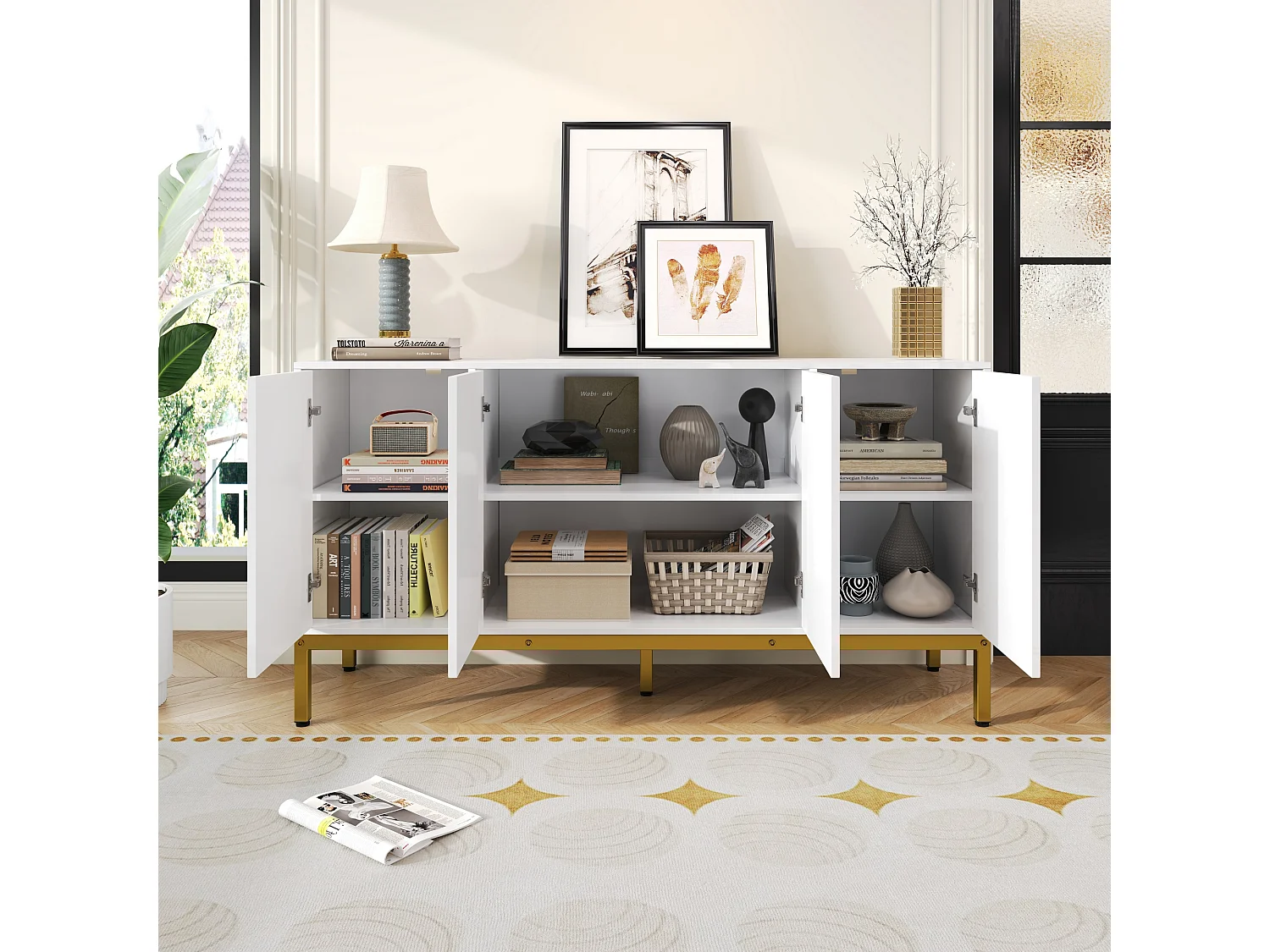 Buffet/meuble de rangement brillant avec 4 portes - 140 x 40 x 80 cm - pieds dorés - MDF + aggloméré - blanc