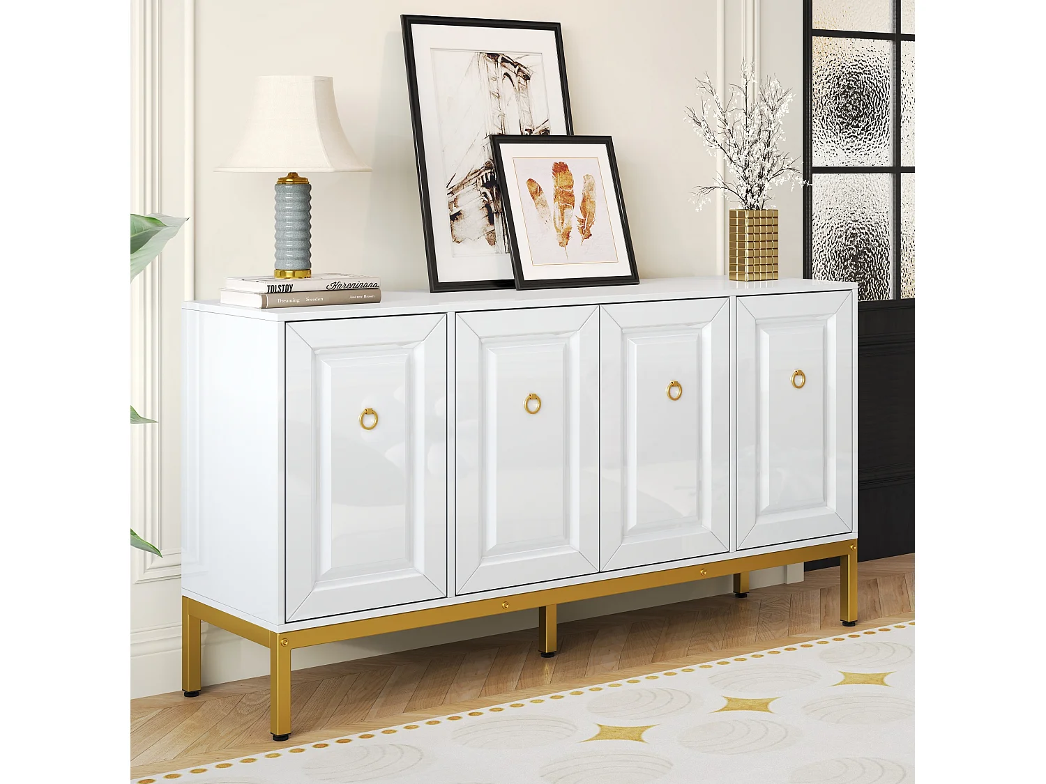 Buffet/meuble de rangement brillant avec 4 portes - 140 x 40 x 80 cm - pieds dorés - MDF + aggloméré - blanc