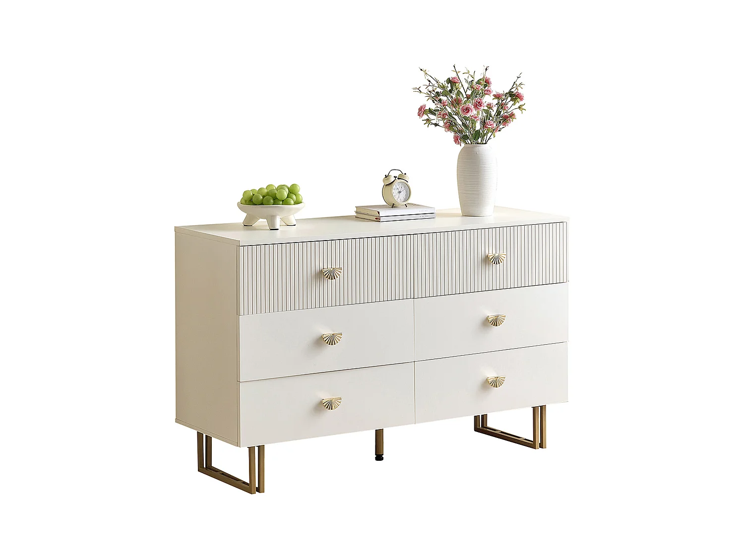 Buffet moderne avec 6 tiroirs aux accents blancs et dorés - 120 x 40 x 75 cm - pour chambres - MDF - blanc