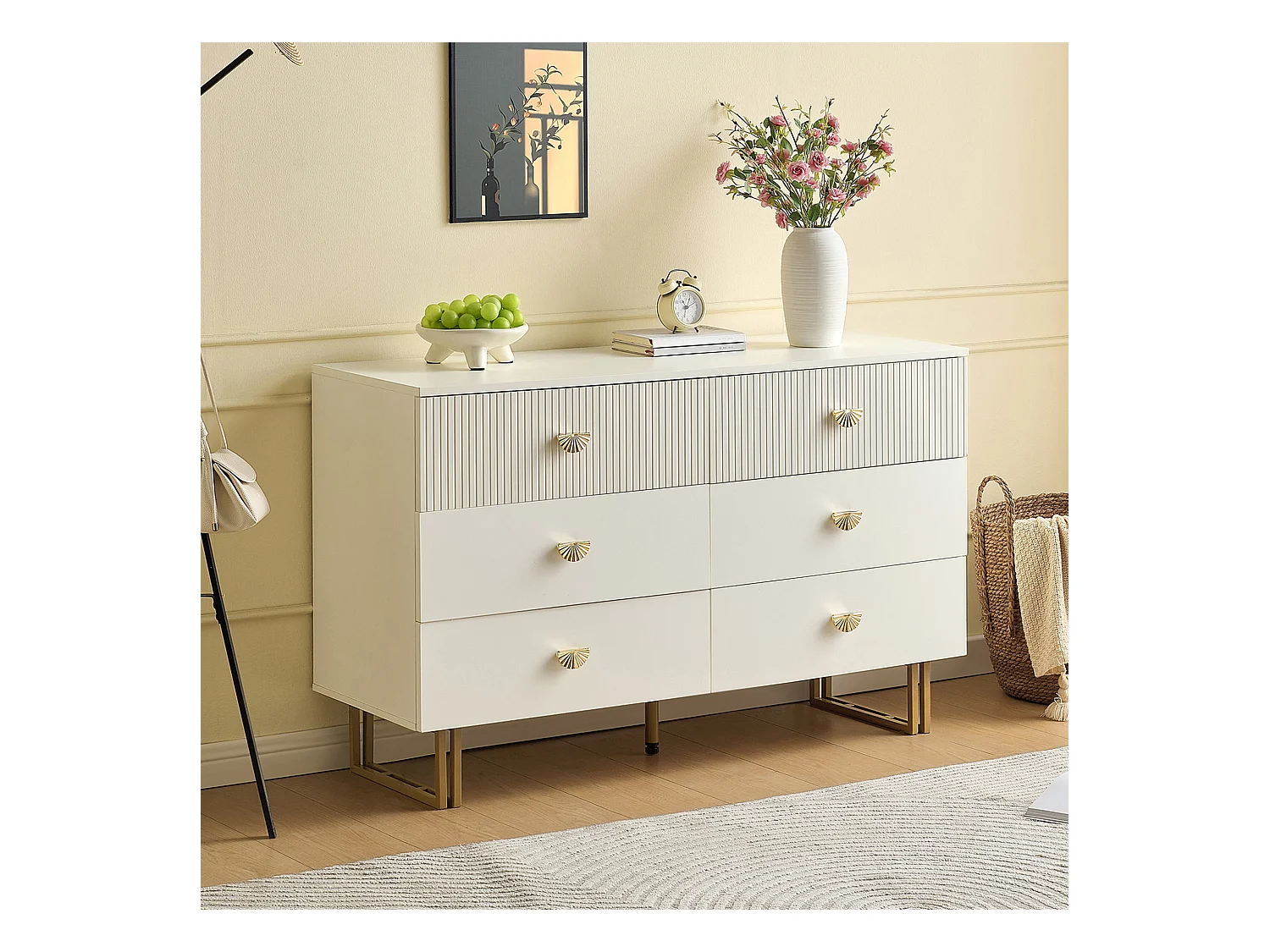 Buffet moderne avec 6 tiroirs aux accents blancs et dorés - 120 x 40 x 75 cm - pour chambres - MDF - blanc