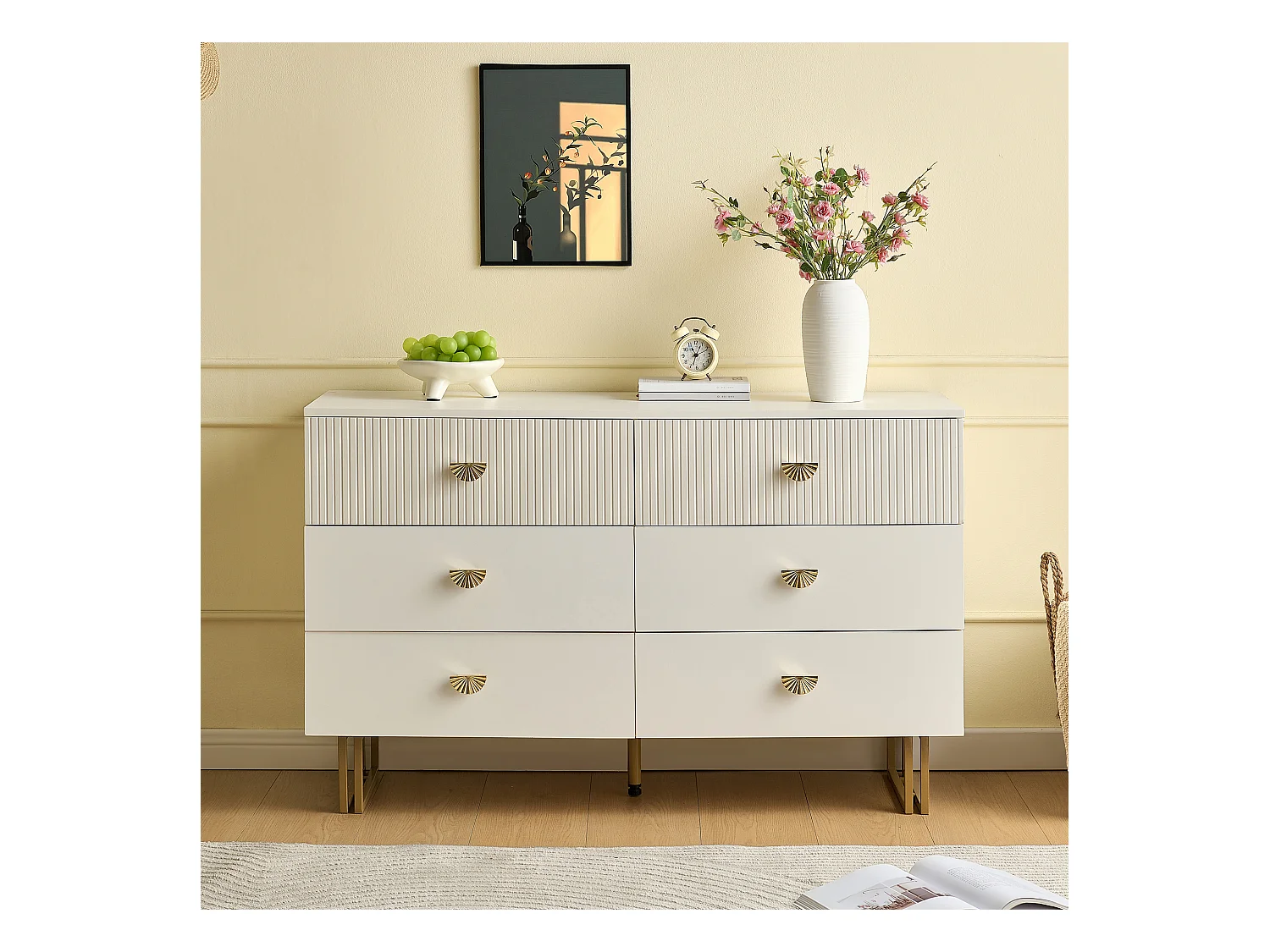 Buffet moderne avec 6 tiroirs aux accents blancs et dorés - 120 x 40 x 75 cm - pour chambres - MDF - blanc