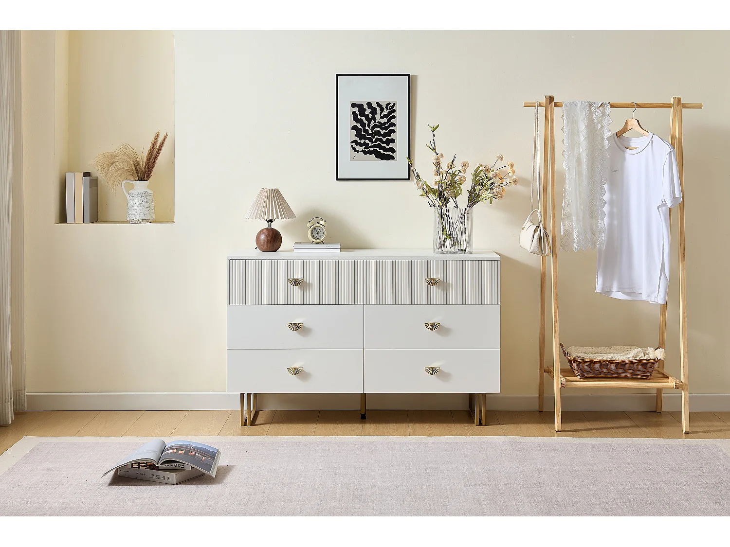 Buffet moderne avec 6 tiroirs aux accents blancs et dorés - 120 x 40 x 75 cm - pour chambres - MDF - blanc