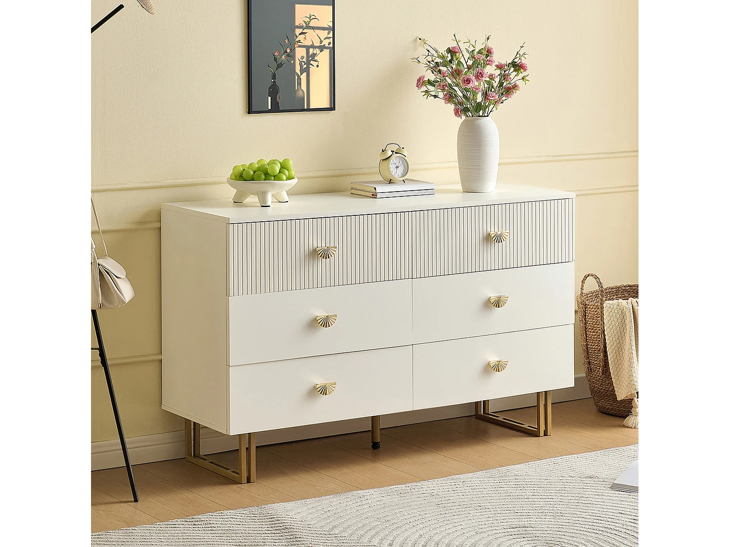 Buffet moderne avec 6 tiroirs aux accents blancs et dorés - 120 x 40 x 75 cm - pour chambres - MDF - blanc