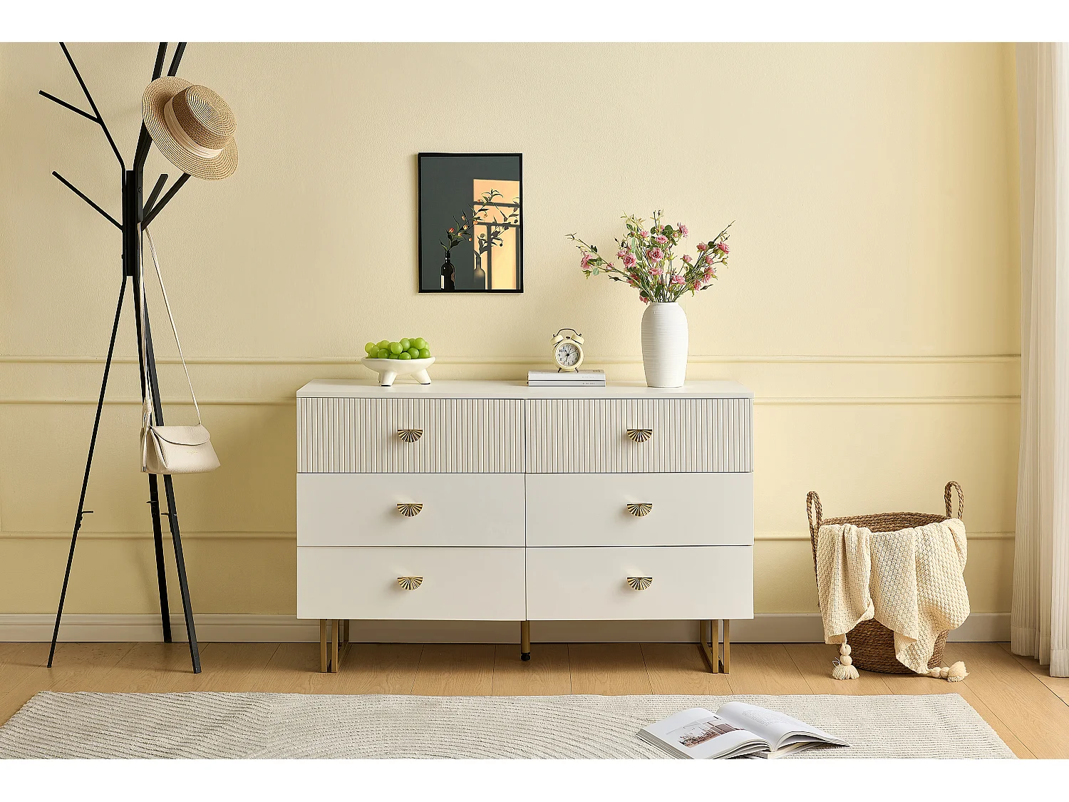 Buffet moderne avec 6 tiroirs aux accents blancs et dorés - 120 x 40 x 75 cm - pour chambres - MDF - blanc