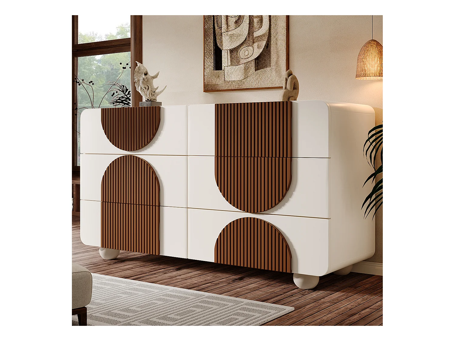 Buffet/commode à 6 tiroirs au design incurvé - 121 x 41 x 71 cm - dispositif anti-basculement - bois - blanc