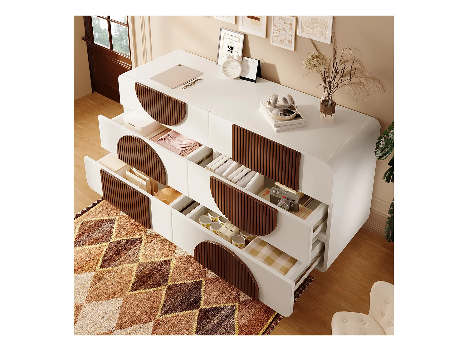 Buffet/commode à 6 tiroirs au design incurvé - 121 x 41 x 71 cm - dispositif anti-basculement - bois - blanc