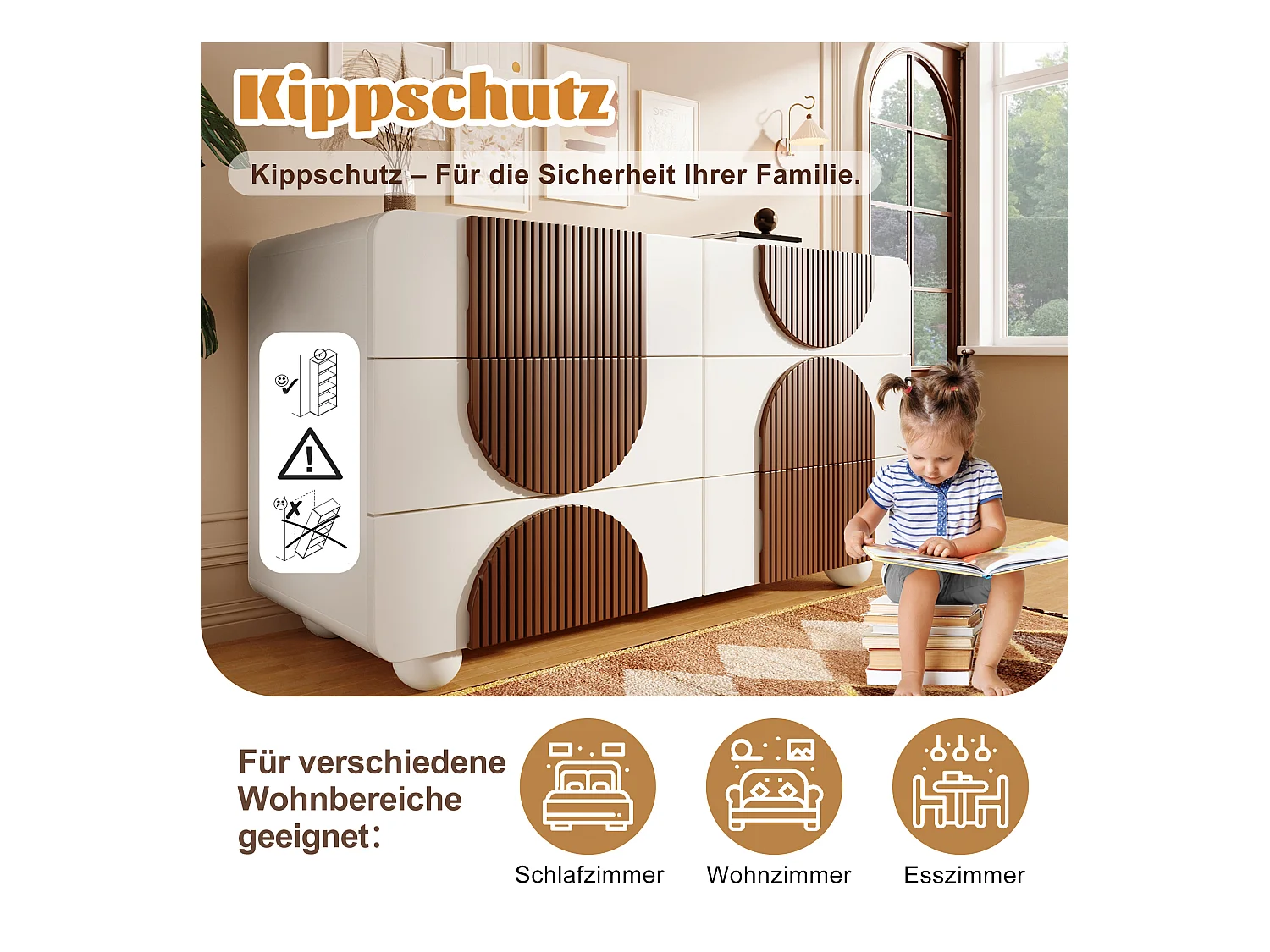 Buffet/commode à 6 tiroirs au design incurvé - 121 x 41 x 71 cm - dispositif anti-basculement - bois - blanc