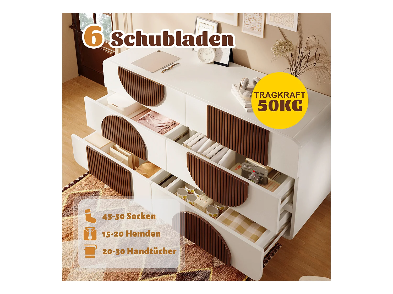 Buffet/commode à 6 tiroirs au design incurvé - 121 x 41 x 71 cm - dispositif anti-basculement - bois - blanc