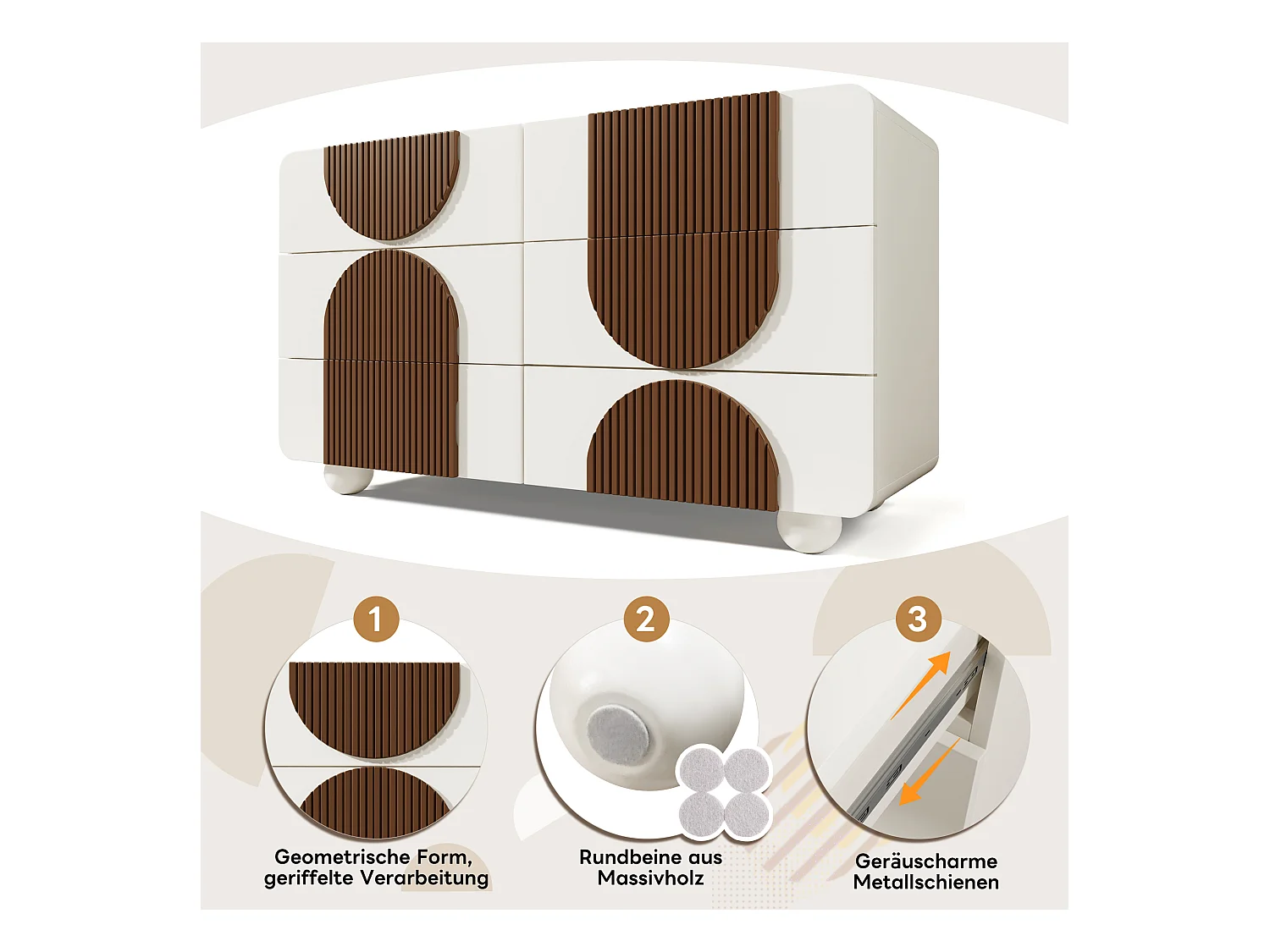 Buffet/commode à 6 tiroirs au design incurvé - 121 x 41 x 71 cm - dispositif anti-basculement - bois - blanc