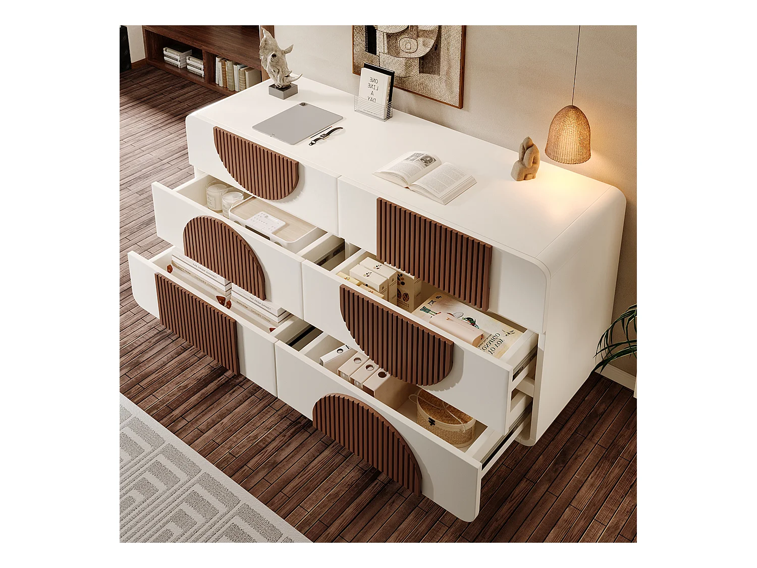 Buffet/commode à 6 tiroirs au design incurvé - 121 x 41 x 71 cm - dispositif anti-basculement - bois - blanc