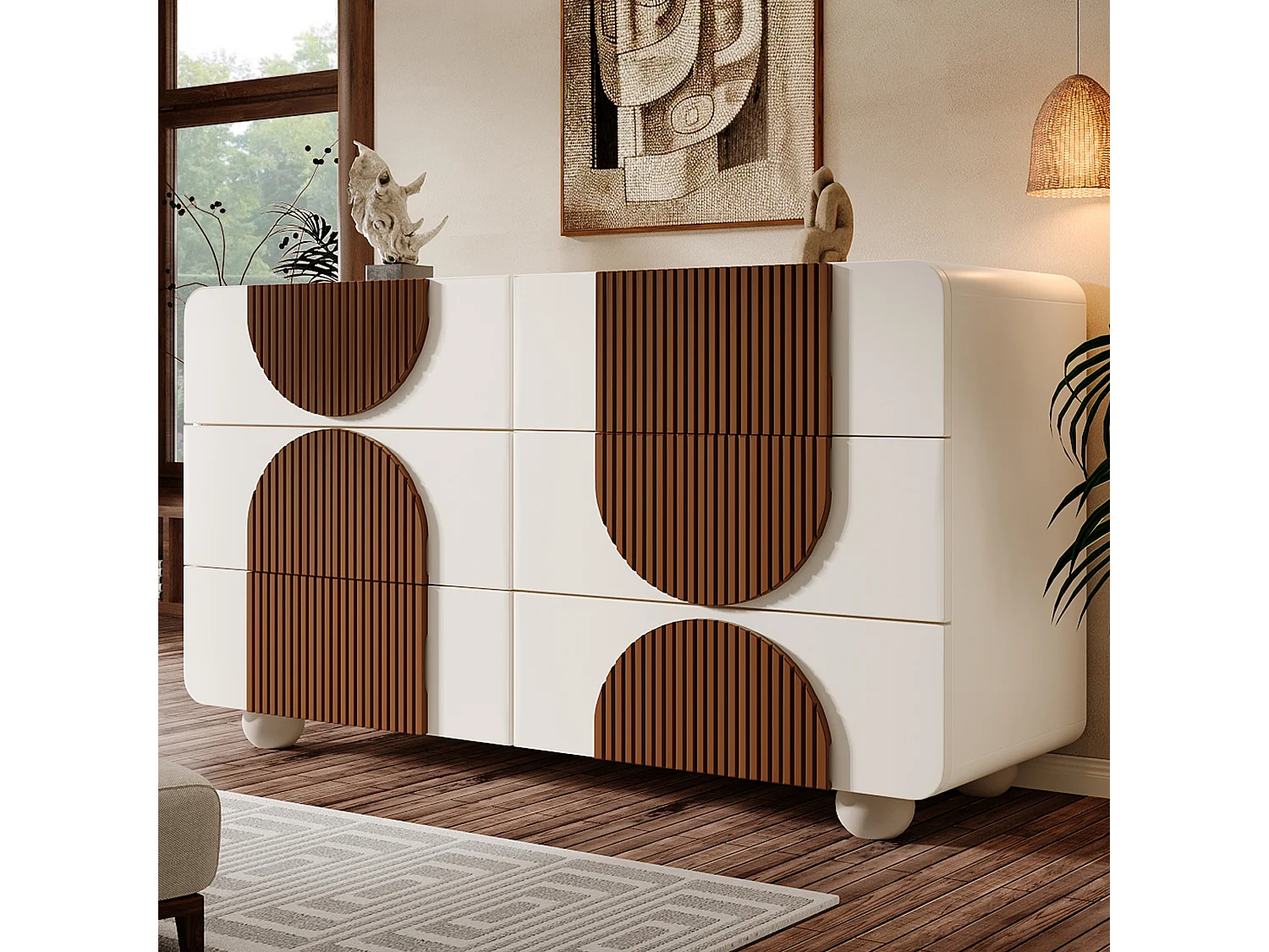 Buffet/commode à 6 tiroirs au design incurvé - 121 x 41 x 71 cm - dispositif anti-basculement - bois - blanc