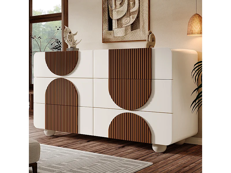 Buffet/commode à 6 tiroirs au design incurvé - 121 x 41 x 71 cm - dispositif anti-basculement - bois - blanc