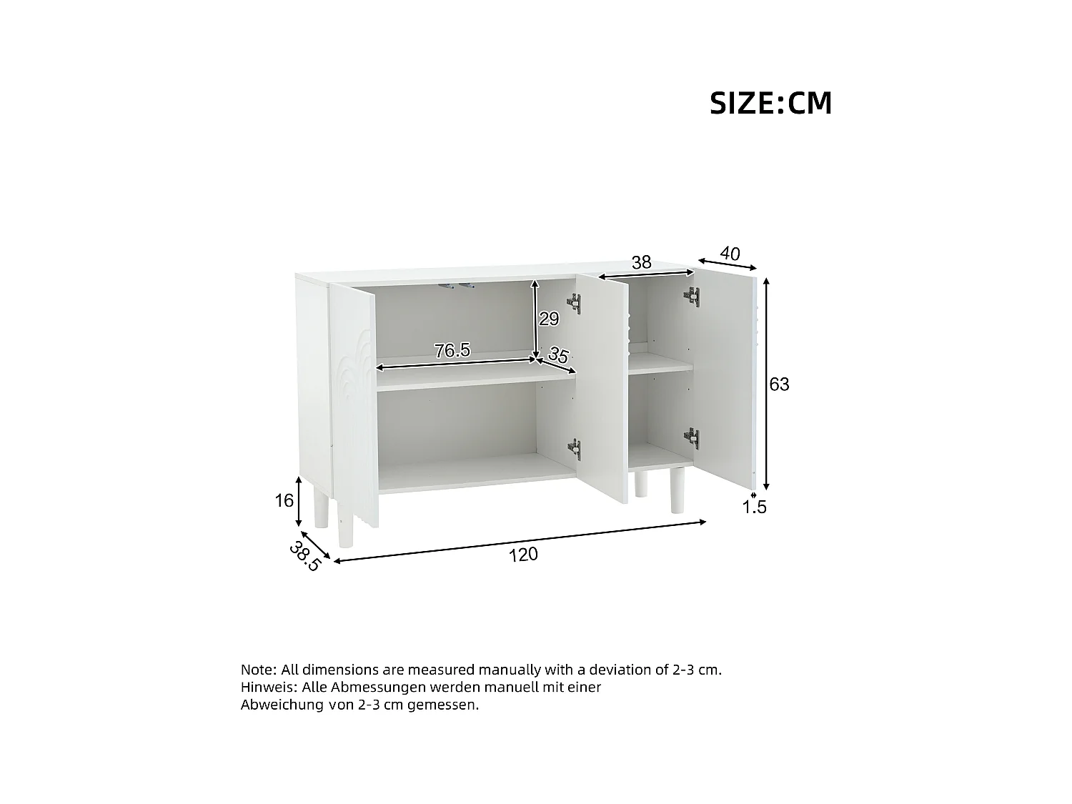 Buffet/meuble de salon 3 portes pour chambre et salon - 120 x 38.5 x 79 cm - MDF - blanc