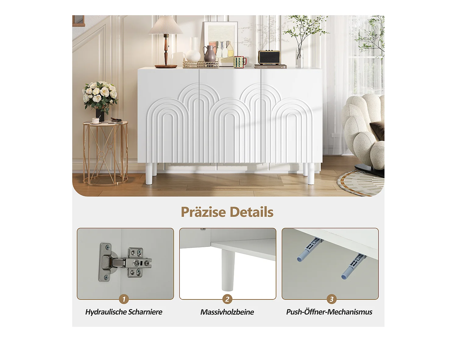 Buffet/meuble de salon 3 portes pour chambre et salon - 120 x 38.5 x 79 cm - MDF - blanc