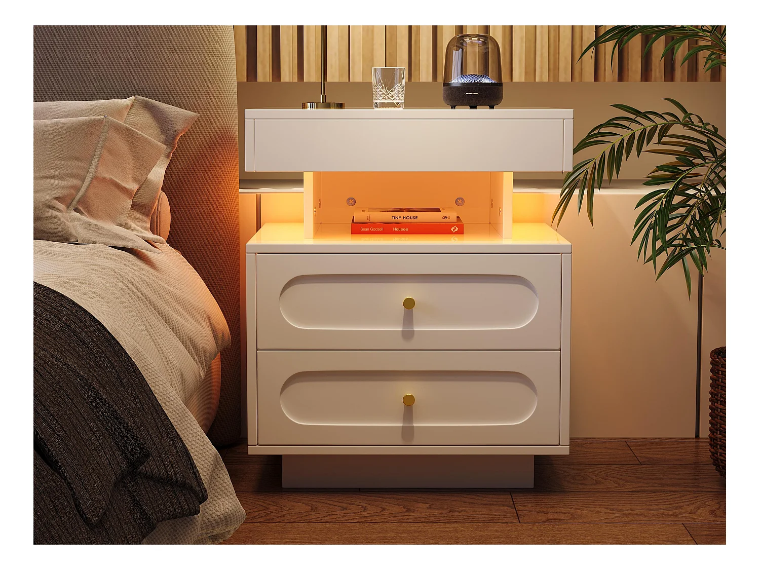 Nachttisch 50x40x60 cm - mit LED-Beleuchtung - mit 2 Schubladen und 1 offenem Ablagefach - Weiß