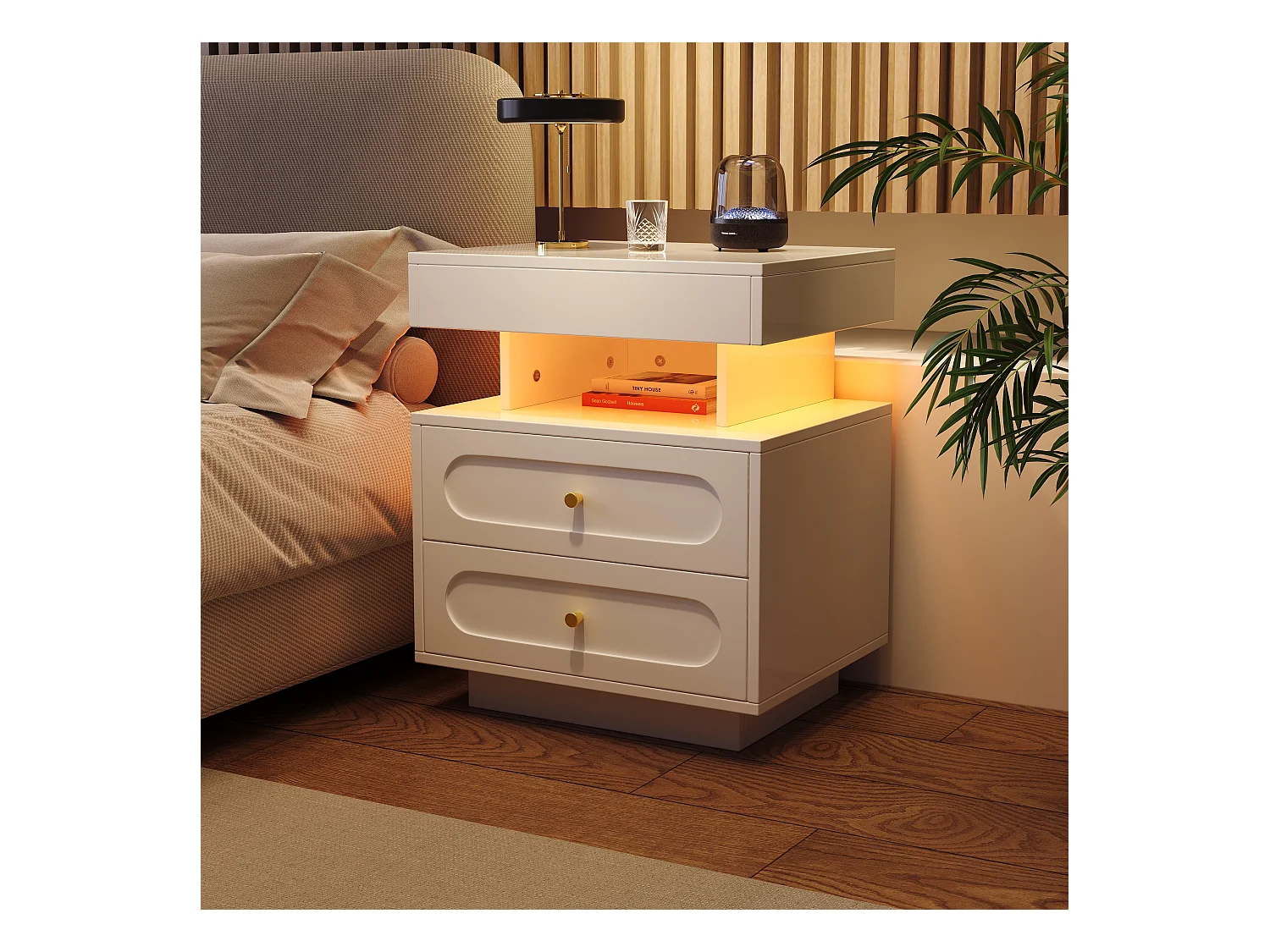 Nachttisch 50x40x60 cm - mit LED-Beleuchtung - mit 2 Schubladen und 1 offenem Ablagefach - Weiß