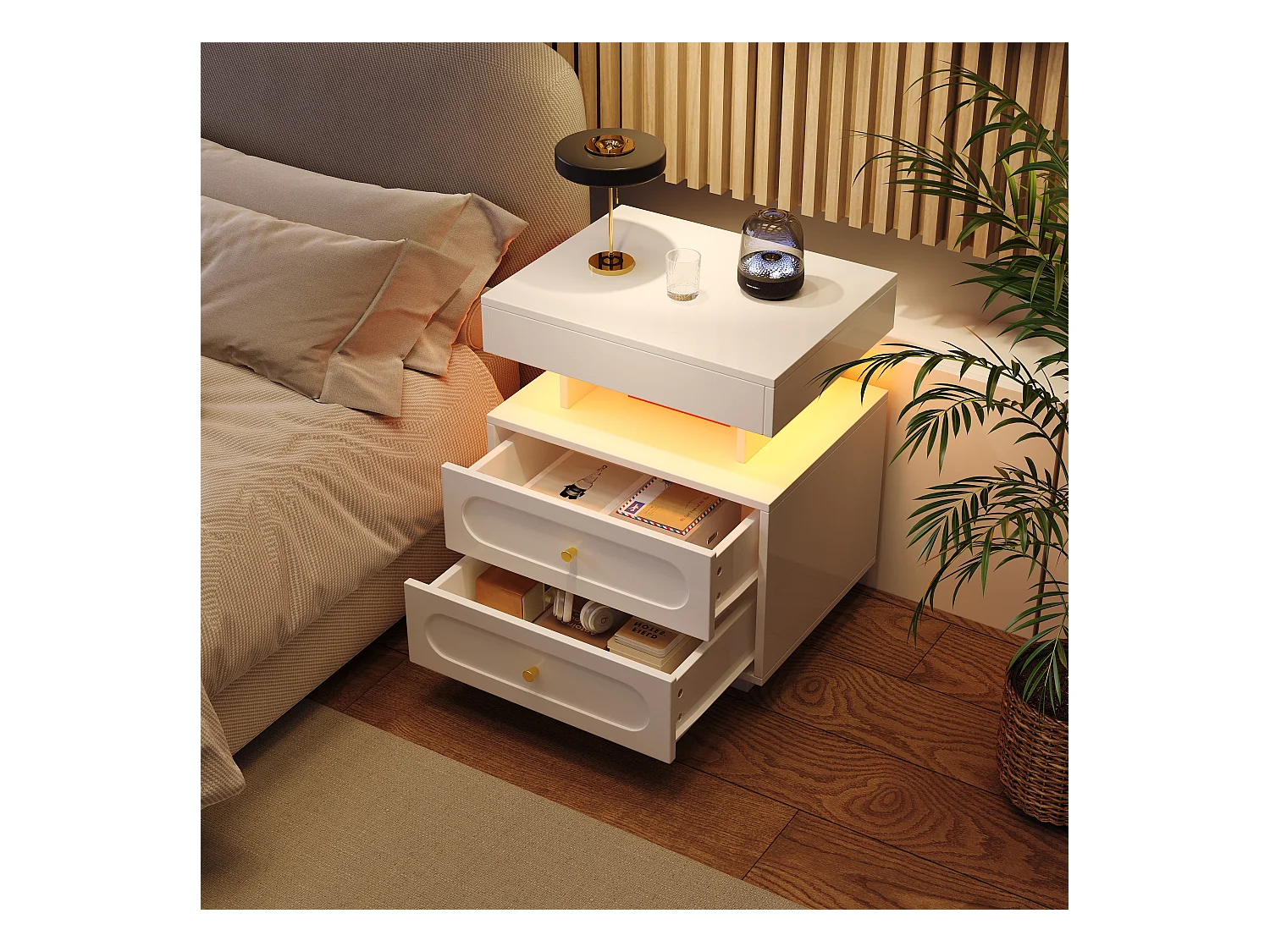 Nachttisch 50x40x60 cm - mit LED-Beleuchtung - mit 2 Schubladen und 1 offenem Ablagefach - Weiß