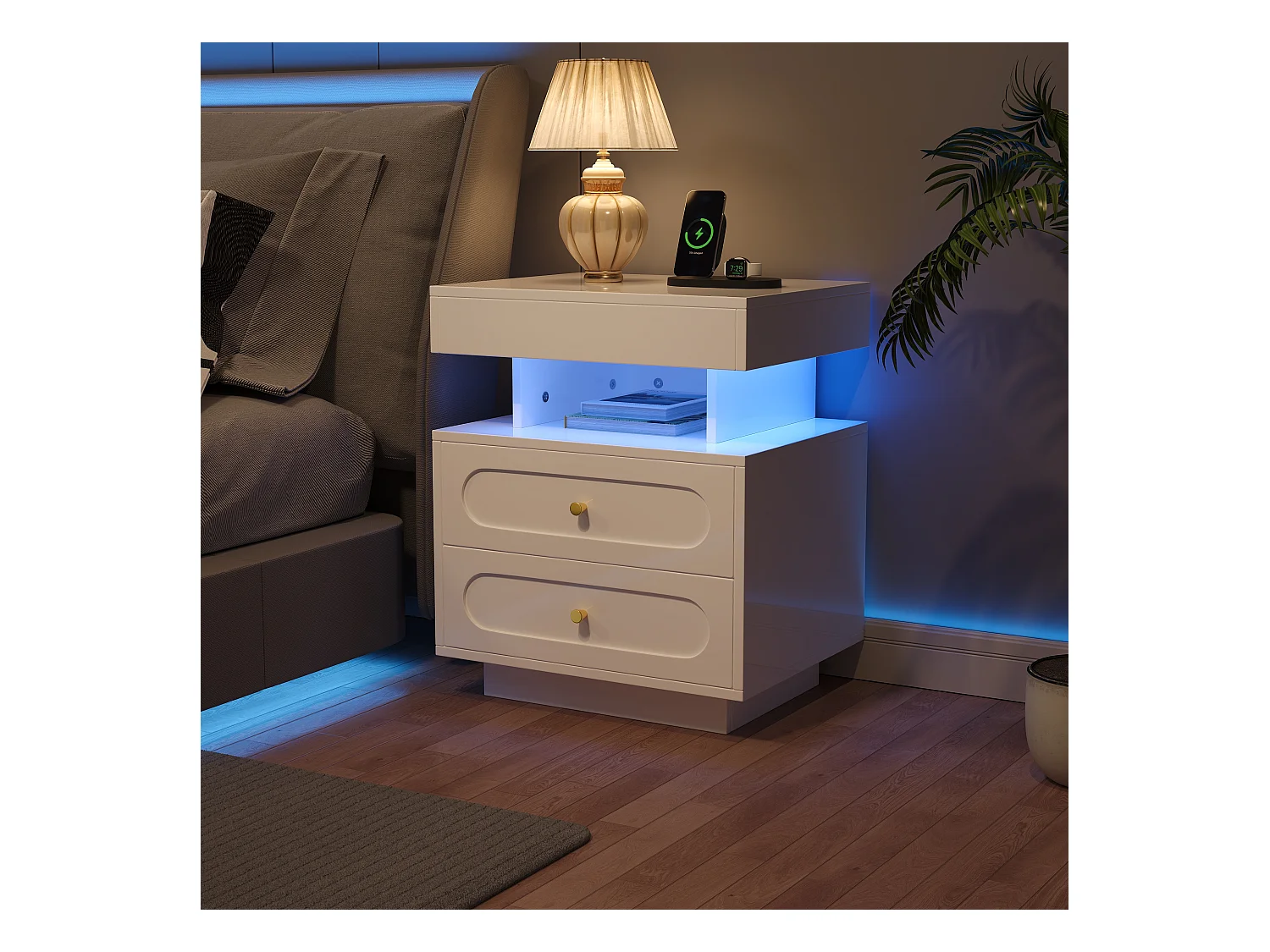 Nachttisch 50x40x60 cm - mit LED-Beleuchtung - mit 2 Schubladen und 1 offenem Ablagefach - Weiß