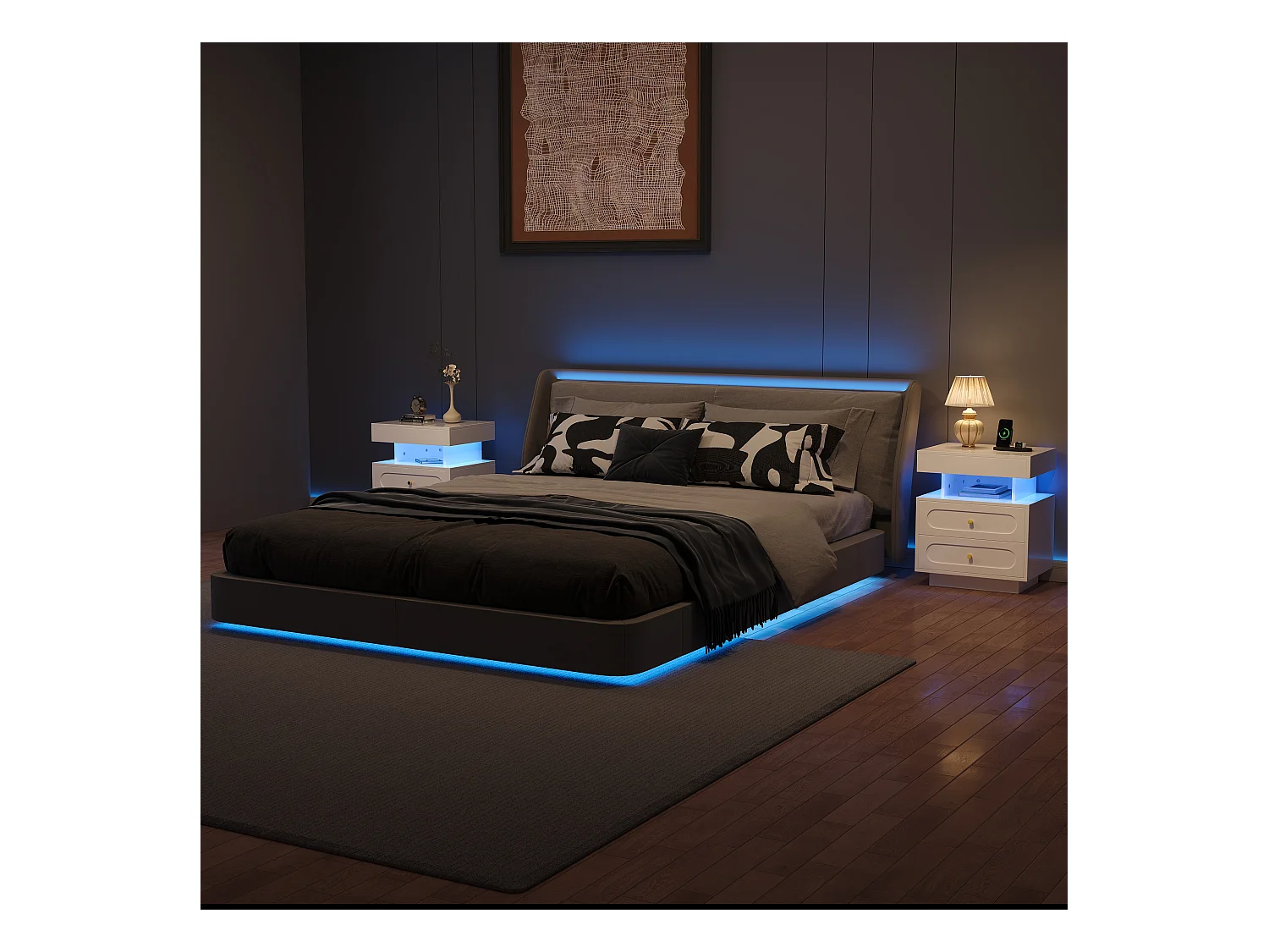 Nachttisch 50x40x60 cm - mit LED-Beleuchtung - mit 2 Schubladen und 1 offenem Ablagefach - Weiß