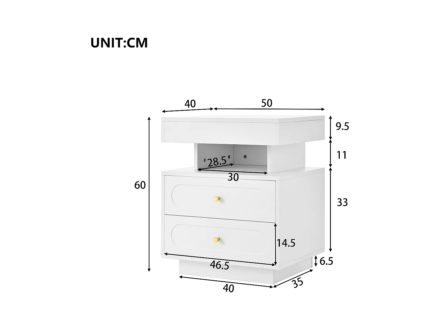 Nachttisch 50x40x60 cm - mit LED-Beleuchtung - mit 2 Schubladen und 1 offenem Ablagefach - Weiß