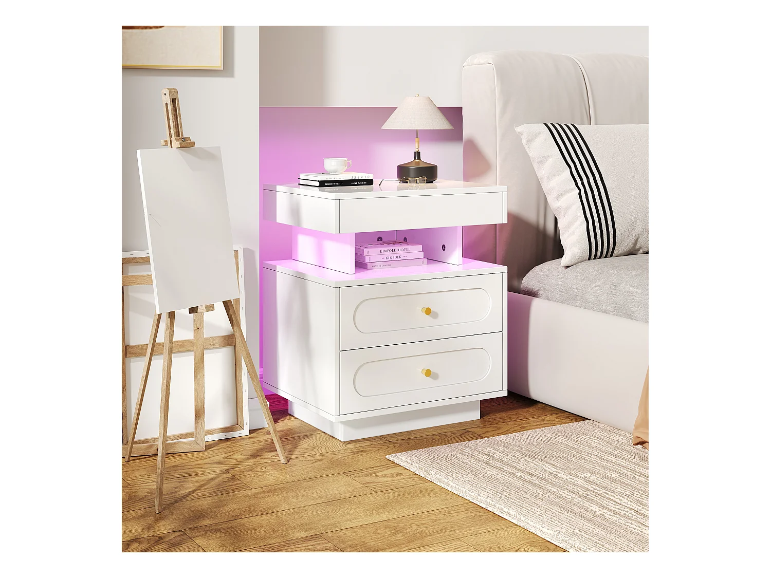 Nachttisch 50x40x60 cm - mit LED-Beleuchtung - mit 2 Schubladen und 1 offenem Ablagefach - Weiß