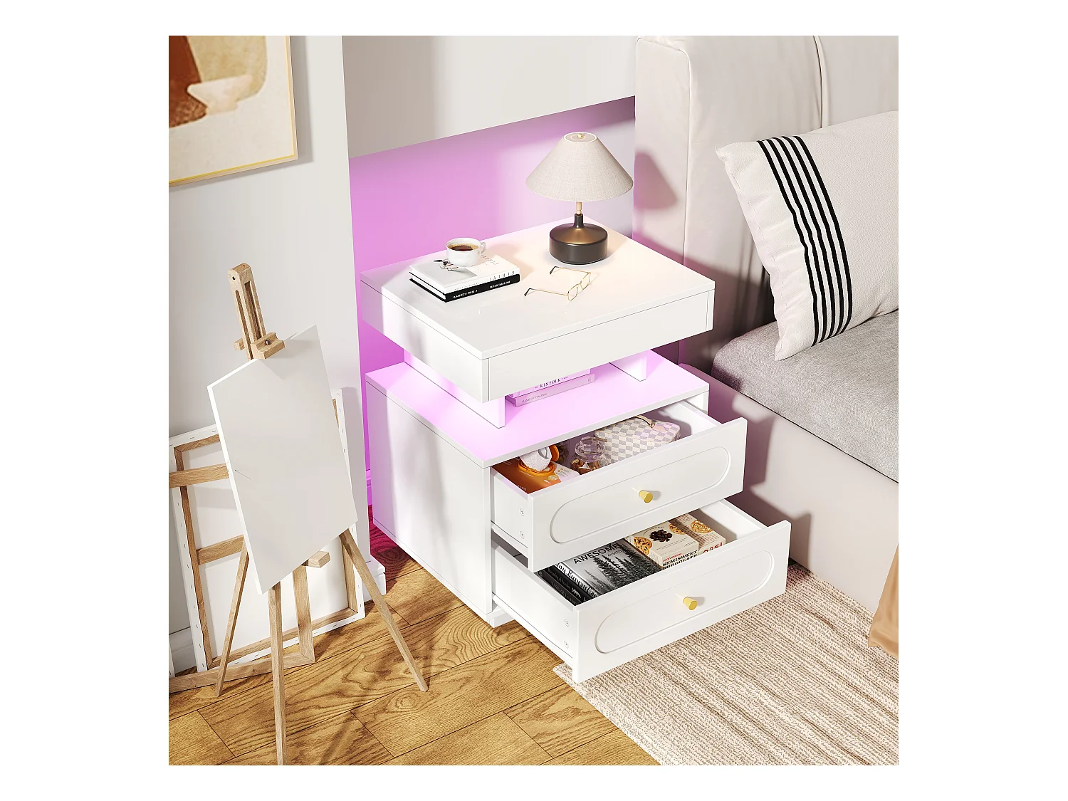Nachttisch 50x40x60 cm - mit LED-Beleuchtung - mit 2 Schubladen und 1 offenem Ablagefach - Weiß