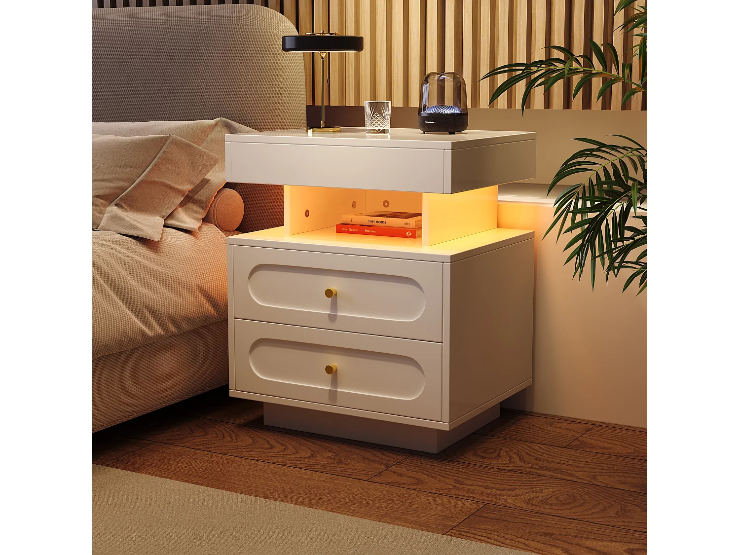 Table de chevet 50x40x60cm - avec éclairage LED - avec 2 tiroirs et 1 espace de rangement ouvert - Blanc