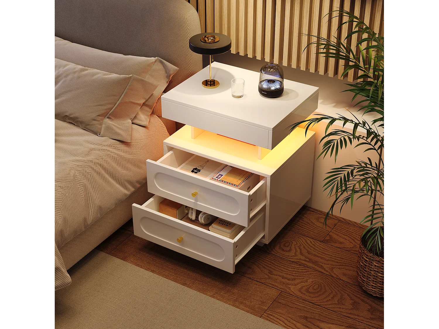 Table de chevet 50x40x60cm - avec éclairage LED - avec 2 tiroirs et 1 espace de rangement ouvert - Blanc