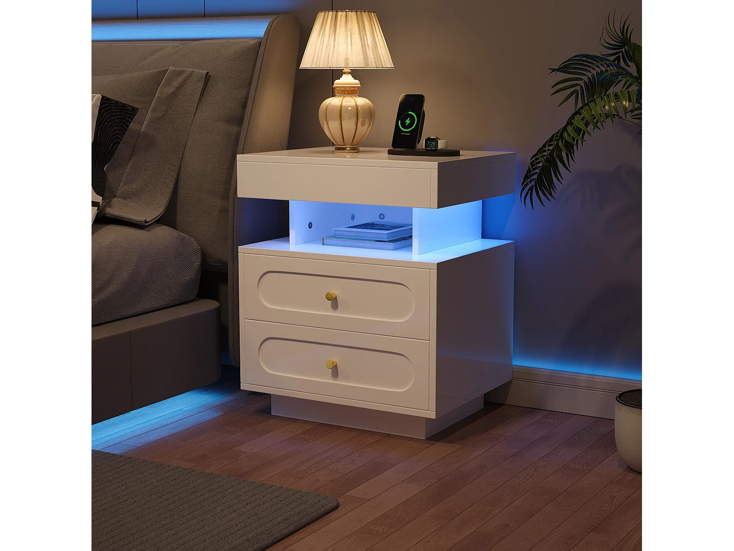 Table de chevet 50x40x60cm - avec éclairage LED - avec 2 tiroirs et 1 espace de rangement ouvert - Blanc